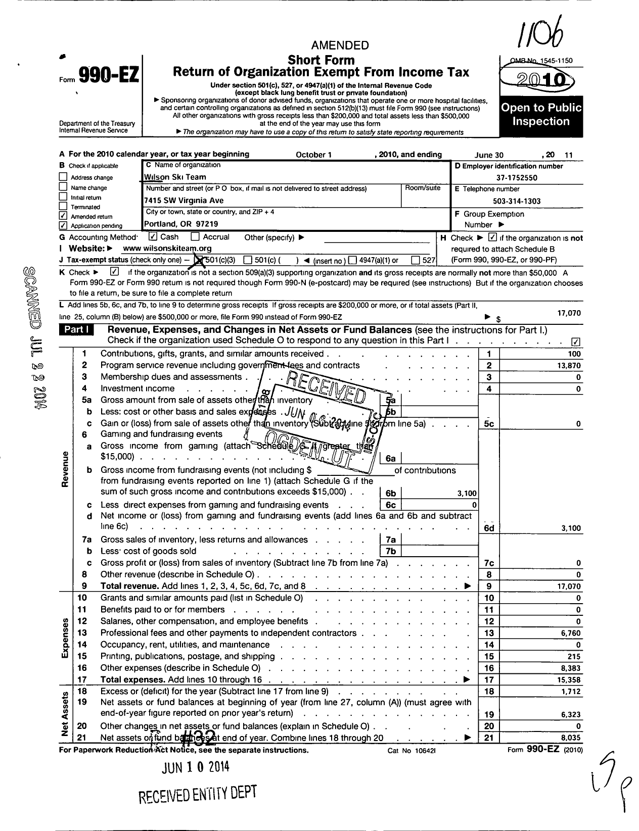 Image of first page of 2010 Form 990EZ for Wilson Ski Team