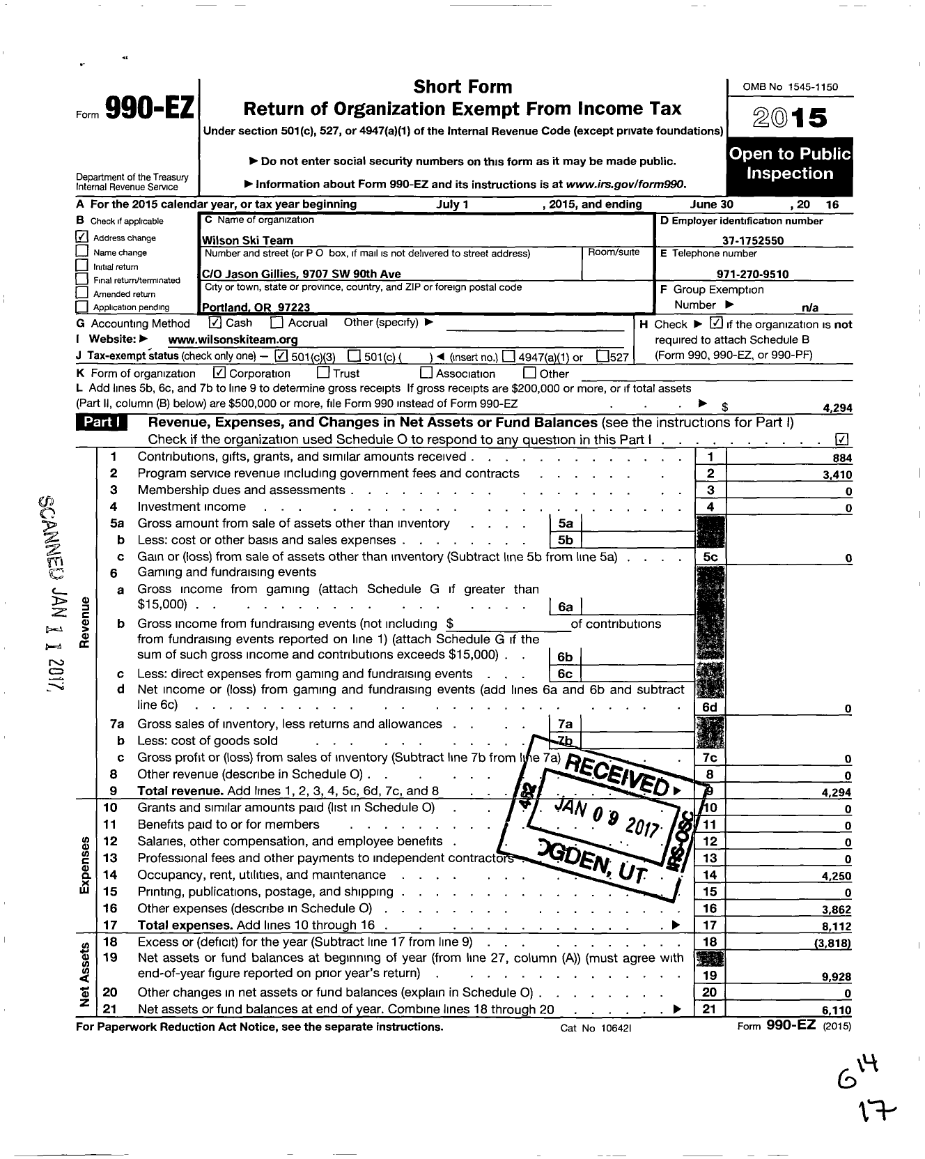 Image of first page of 2015 Form 990EZ for Wilson Ski Team