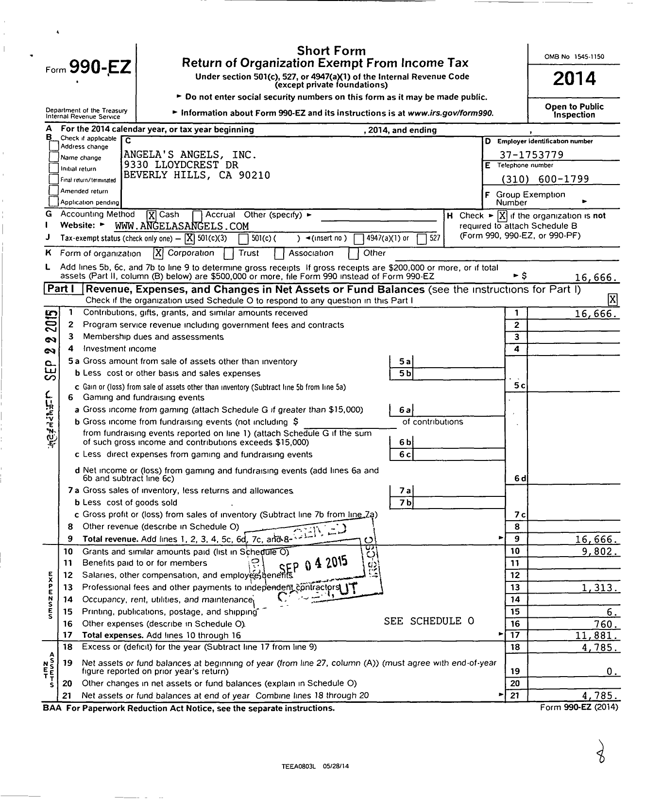 Image of first page of 2014 Form 990EZ for Angela's Angels