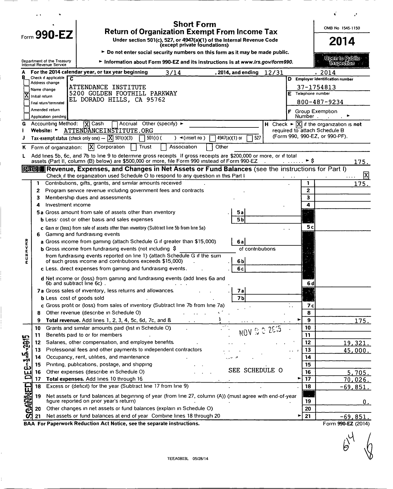 Image of first page of 2014 Form 990EZ for Attendance Institute