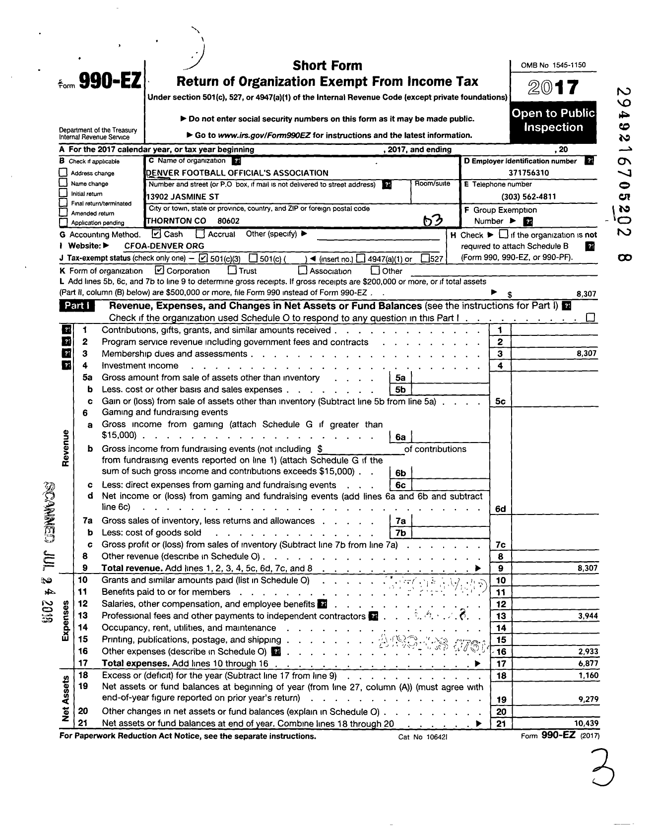 Image of first page of 2017 Form 990EZ for Denver Football Officials Association