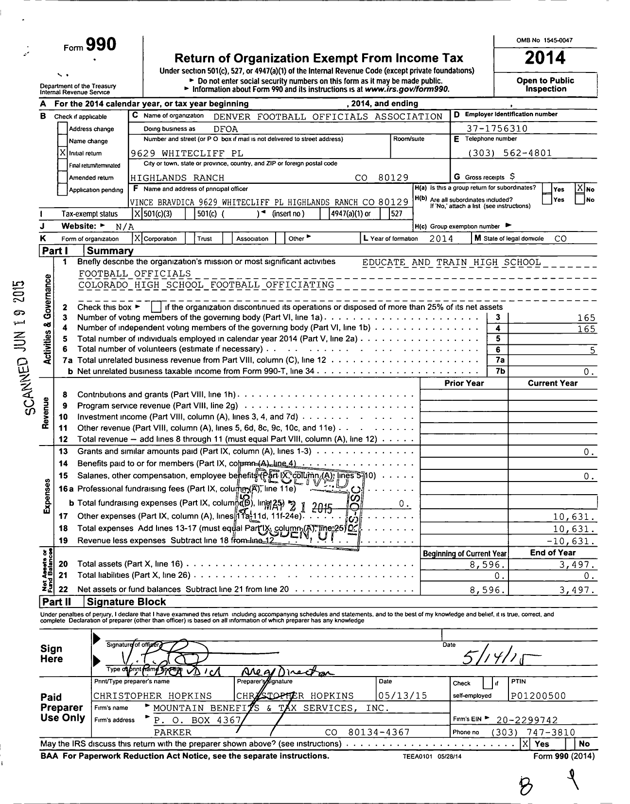 Image of first page of 2014 Form 990 for Denver Football Officials Association