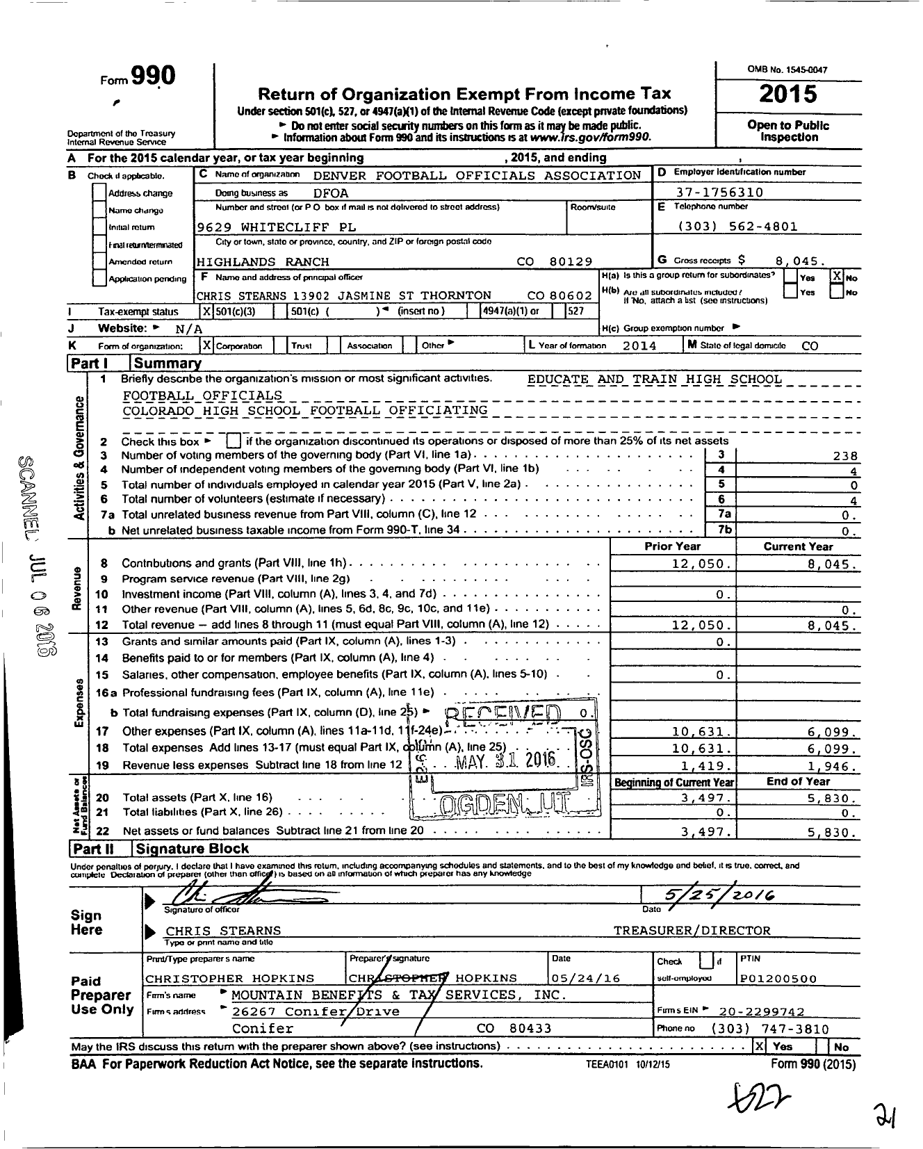 Image of first page of 2015 Form 990 for Denver Football Officials Association