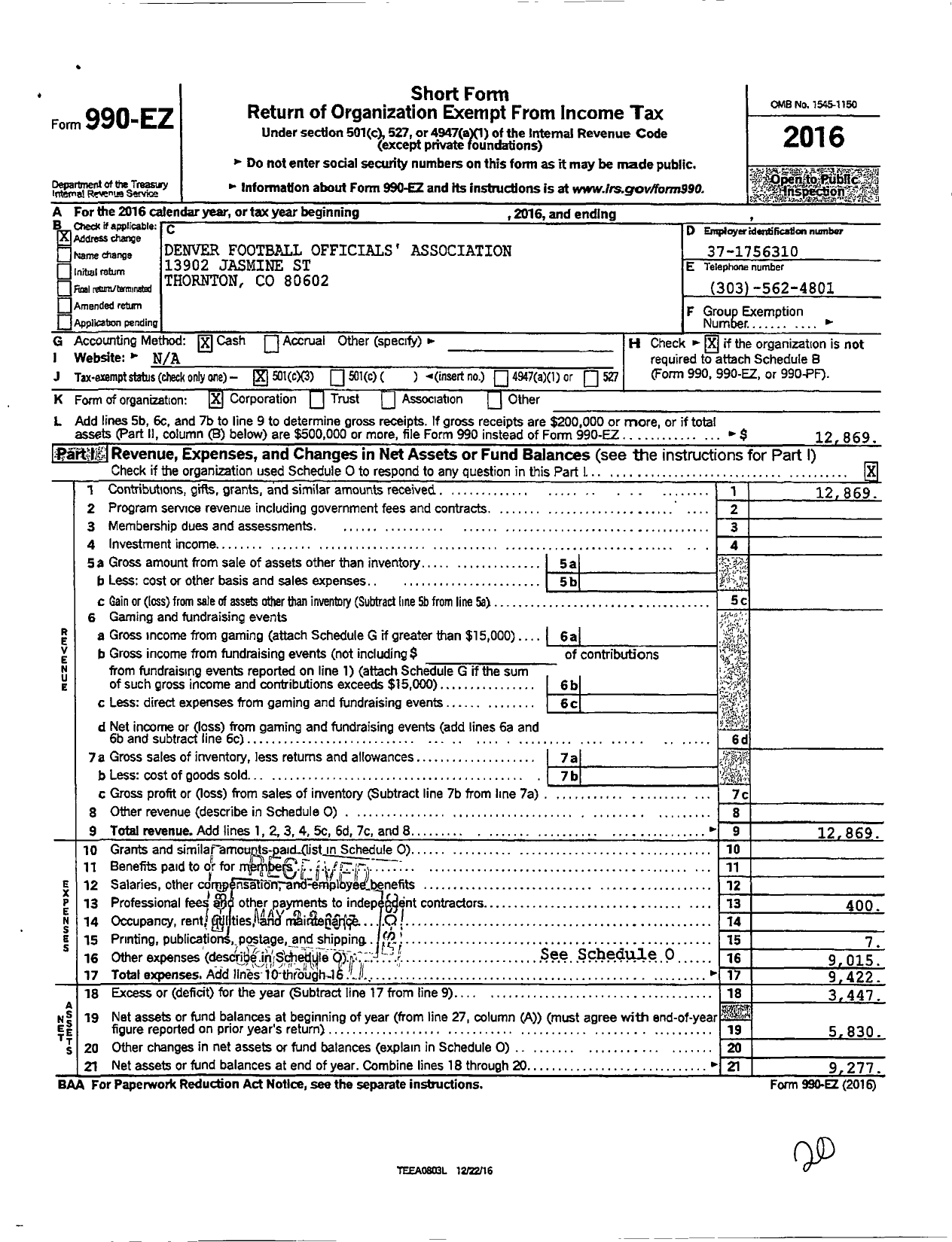 Image of first page of 2016 Form 990EZ for Denver Football Officials Association