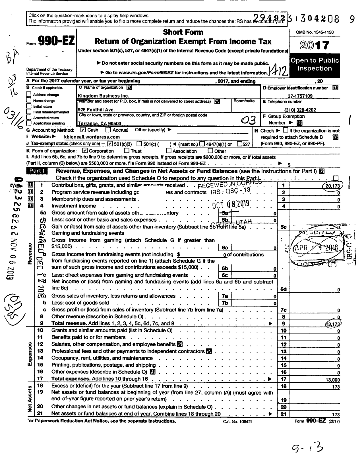 Image of first page of 2017 Form 990EZ for Creative Hope International