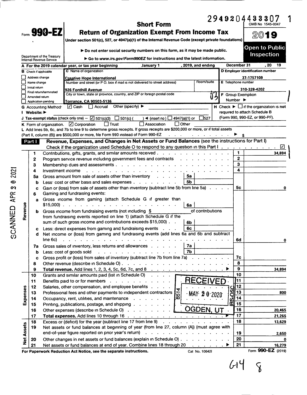 Image of first page of 2019 Form 990EZ for Creative Hope International