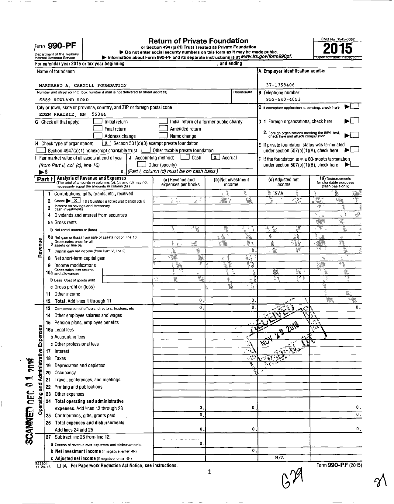 Image of first page of 2015 Form 990PF for Margaret A Cargill Foundation