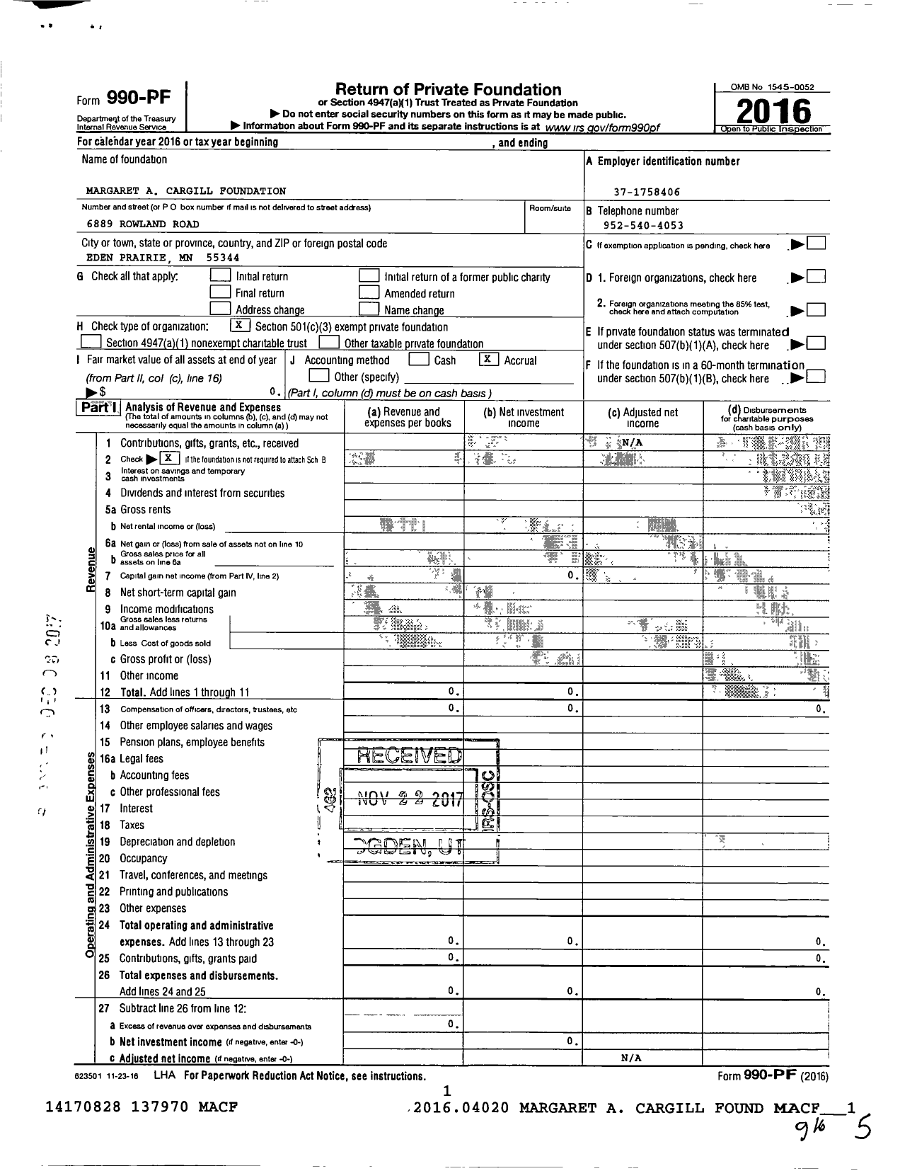 Image of first page of 2016 Form 990PF for Margaret A Cargill Foundation