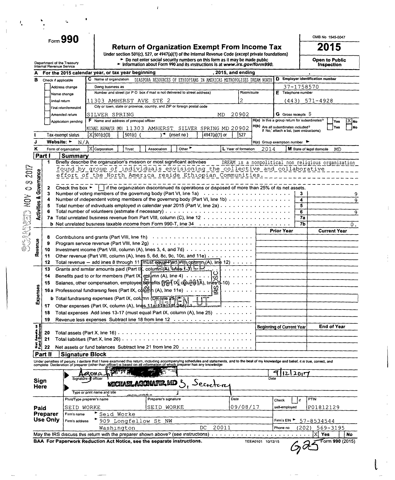 Image of first page of 2015 Form 990 for Diaspora Resouces for Ethiopian American Movement