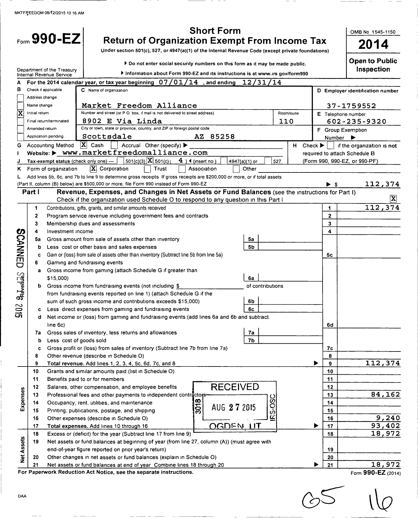 Image of first page of 2014 Form 990EO for Market Freedom Alliance