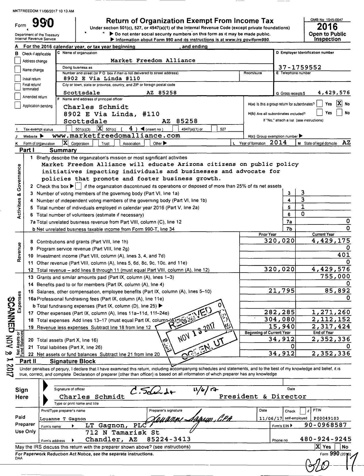 Image of first page of 2016 Form 990O for Market Freedom Alliance