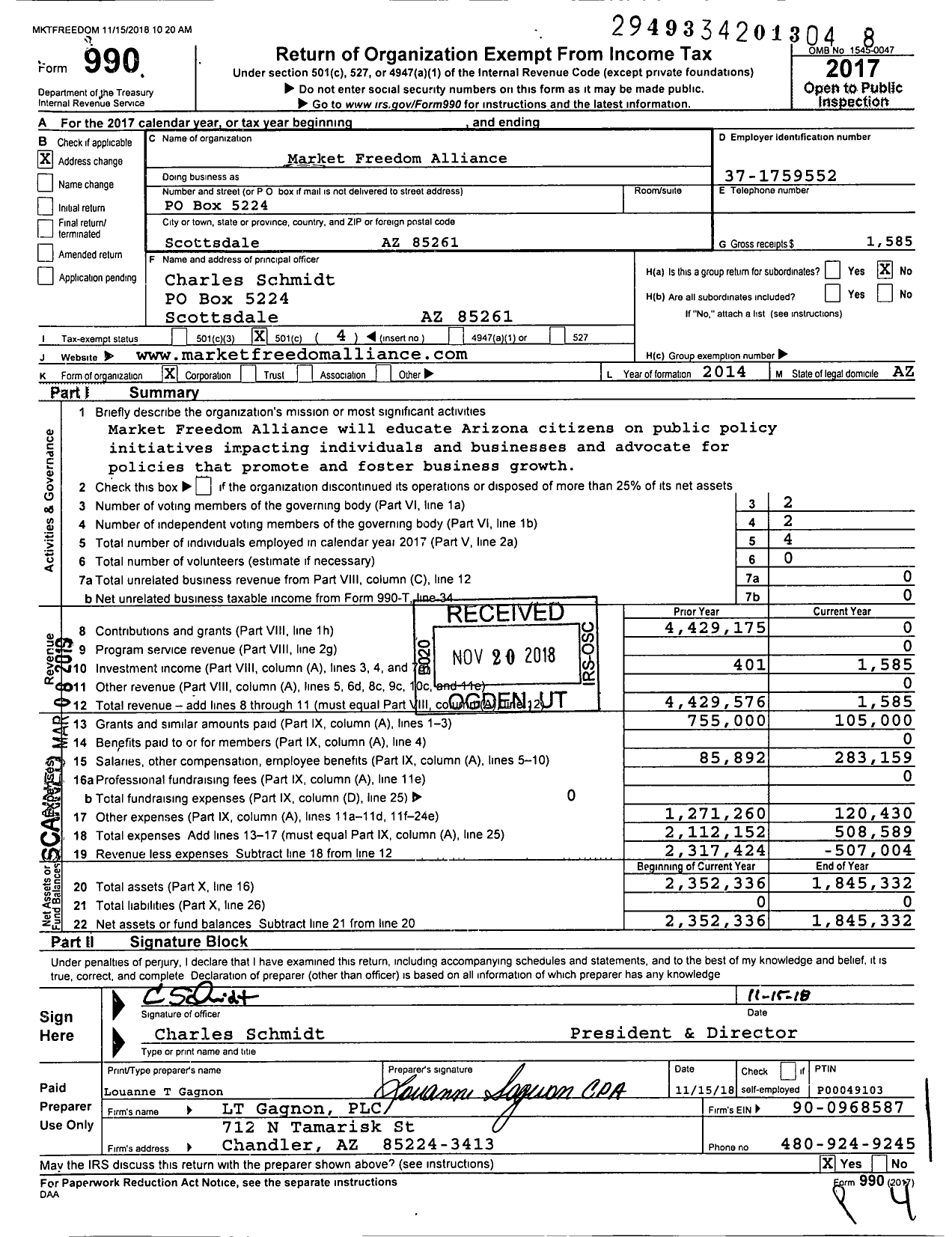 Image of first page of 2017 Form 990O for Market Freedom Alliance