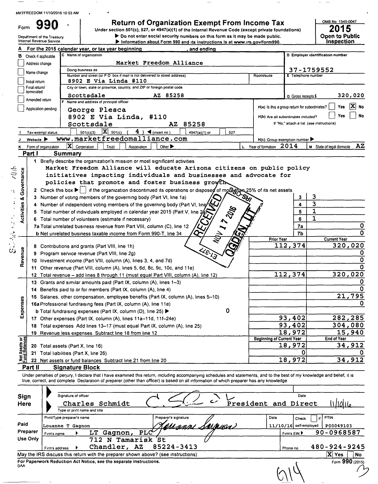 Image of first page of 2015 Form 990O for Market Freedom Alliance