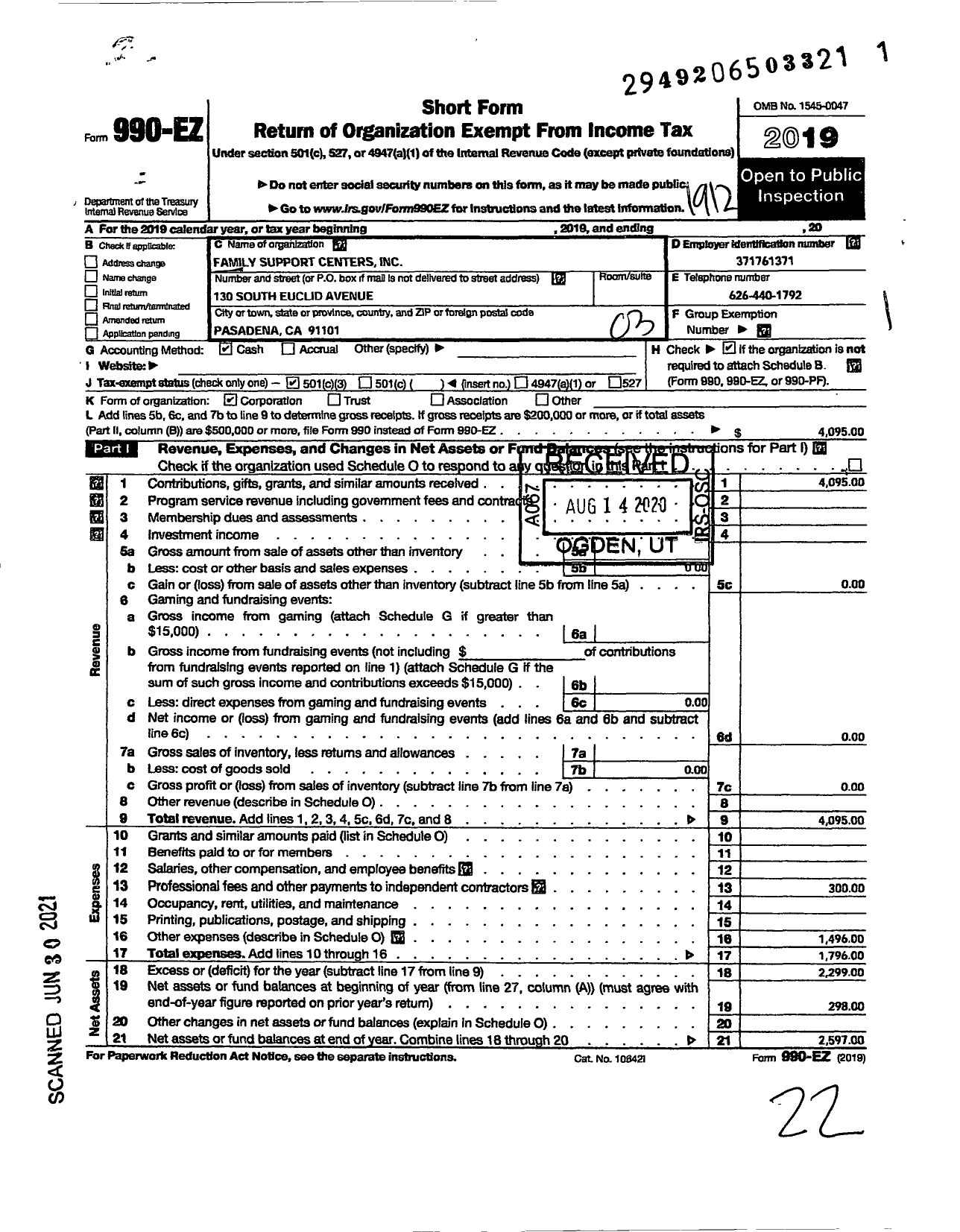 Image of first page of 2019 Form 990EZ for Family Support Centers