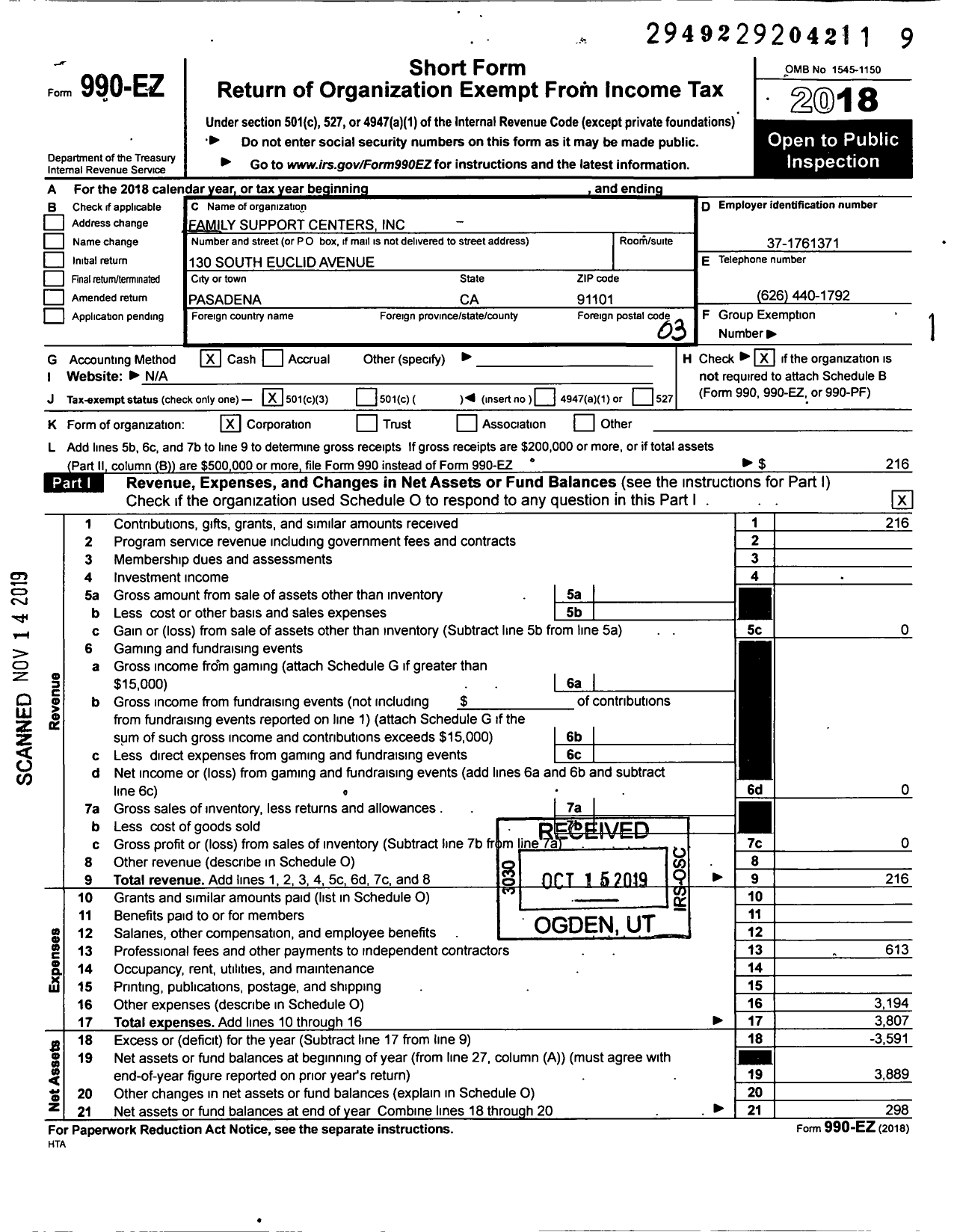 Image of first page of 2018 Form 990EZ for Family Support Centers