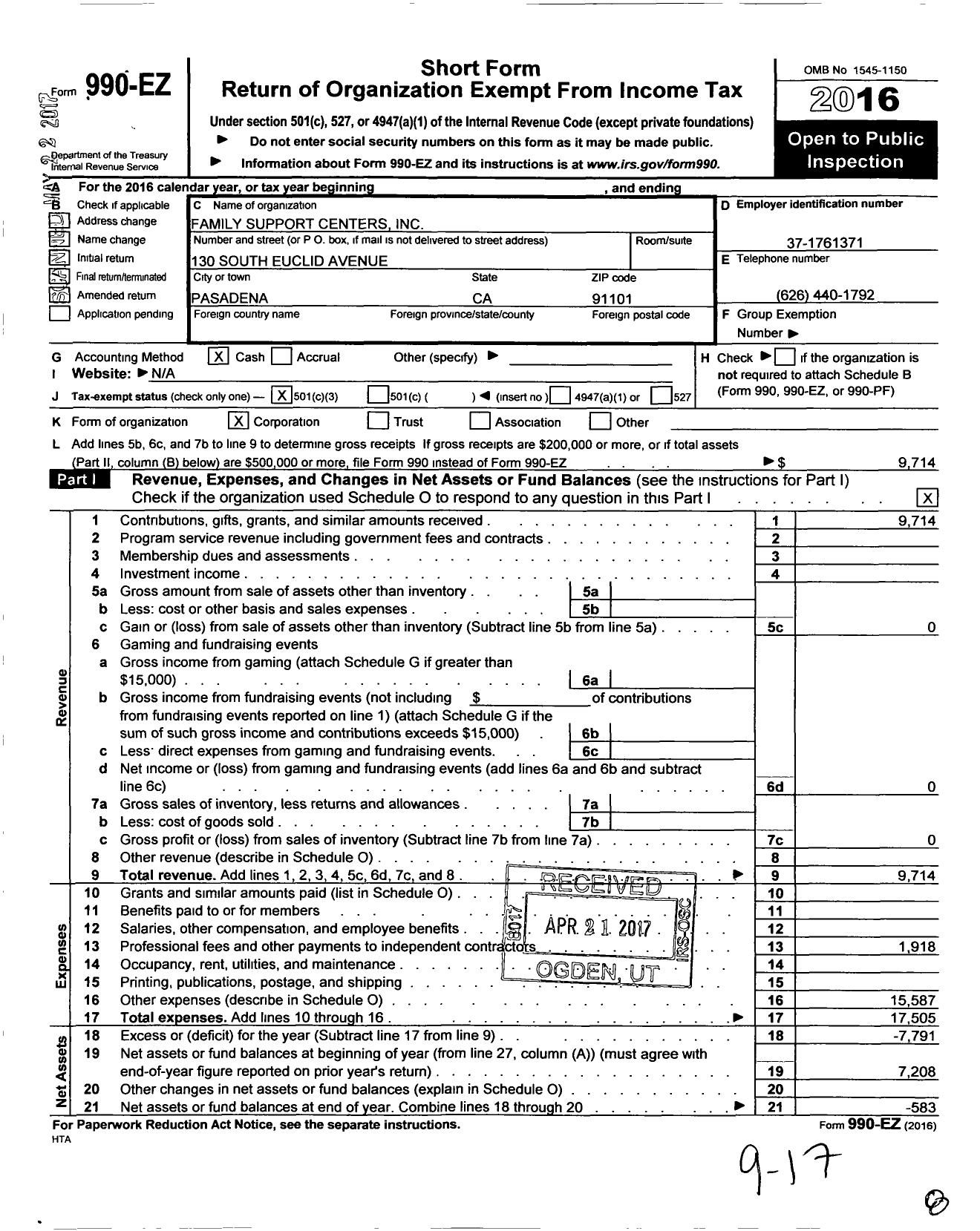 Image of first page of 2016 Form 990EZ for Family Support Centers