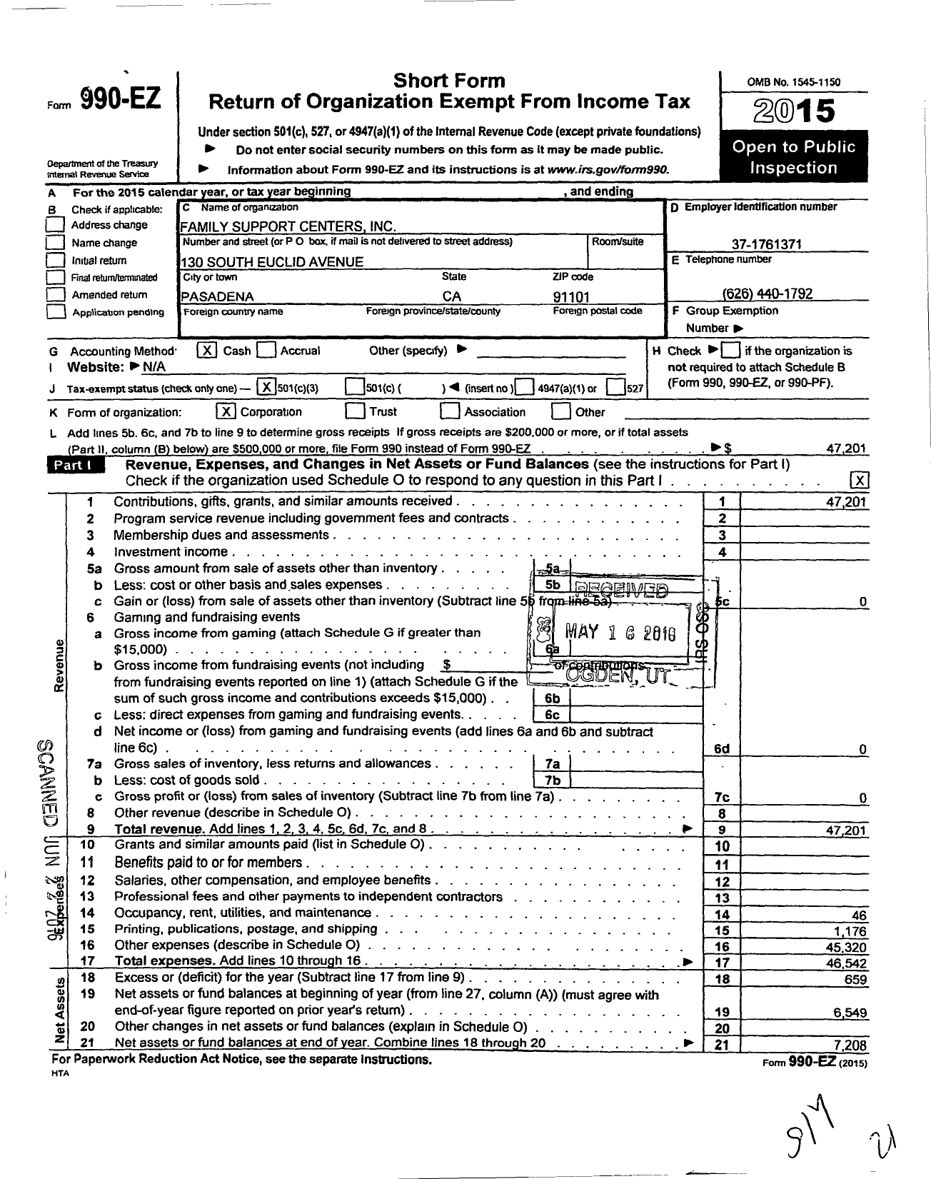 Image of first page of 2015 Form 990EZ for Family Support Centers