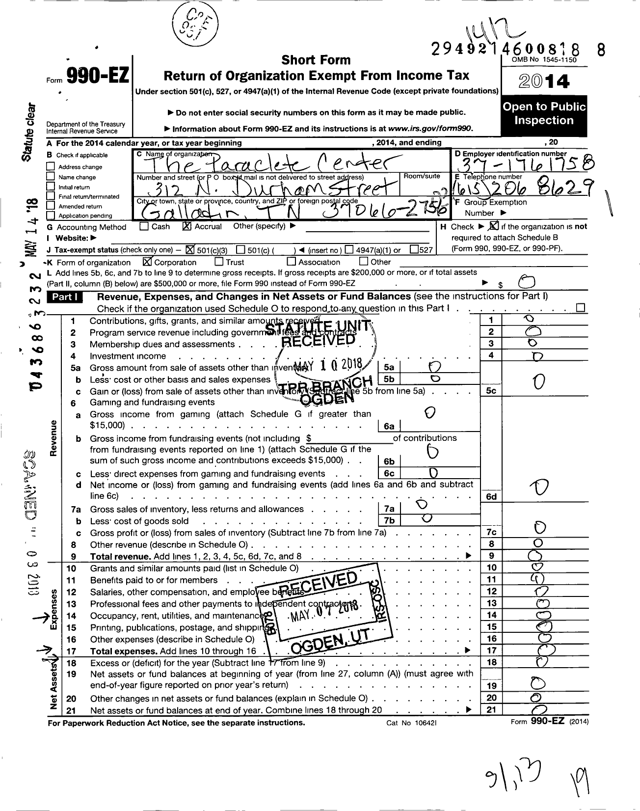 Image of first page of 2014 Form 990EZ for Paraclete Center