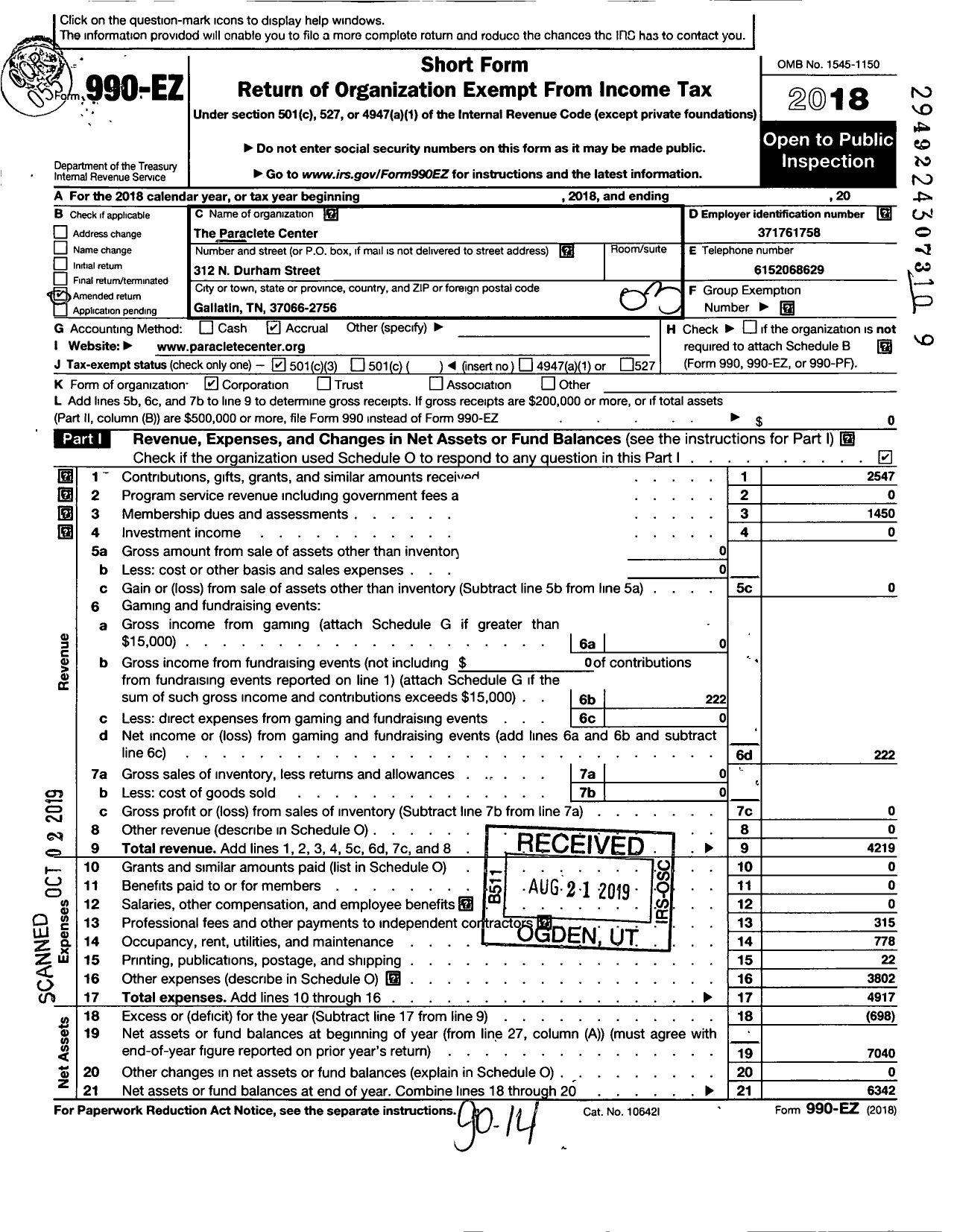 Image of first page of 2018 Form 990EZ for Paraclete Center