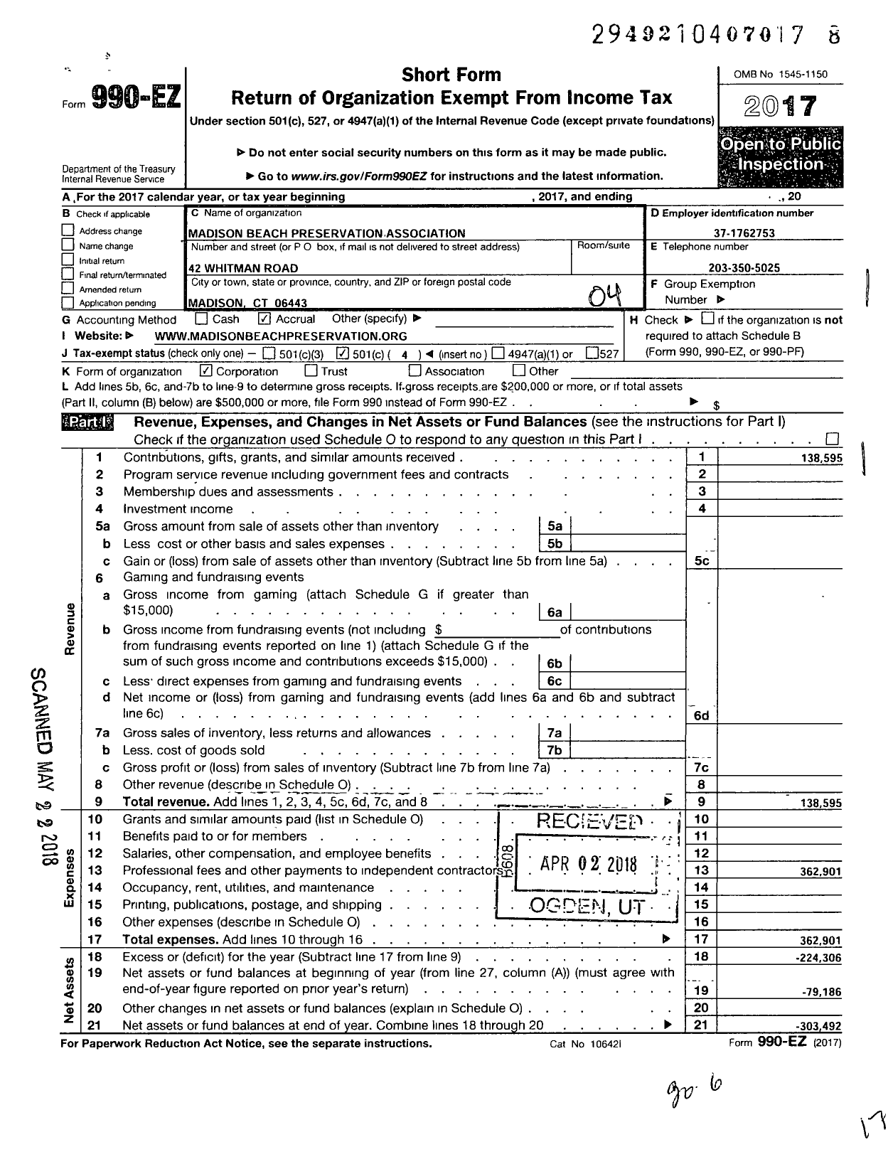 Image of first page of 2017 Form 990EO for Madison Beach Preservation Association