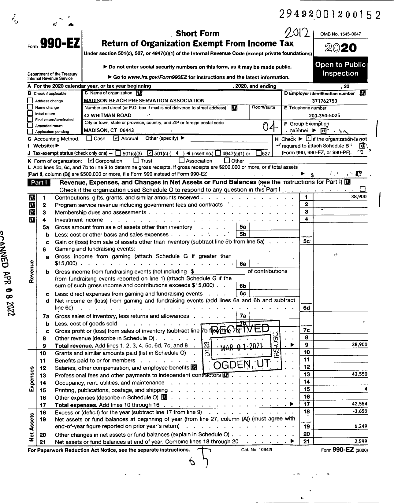 Image of first page of 2020 Form 990EO for Madison Beach Preservation Association