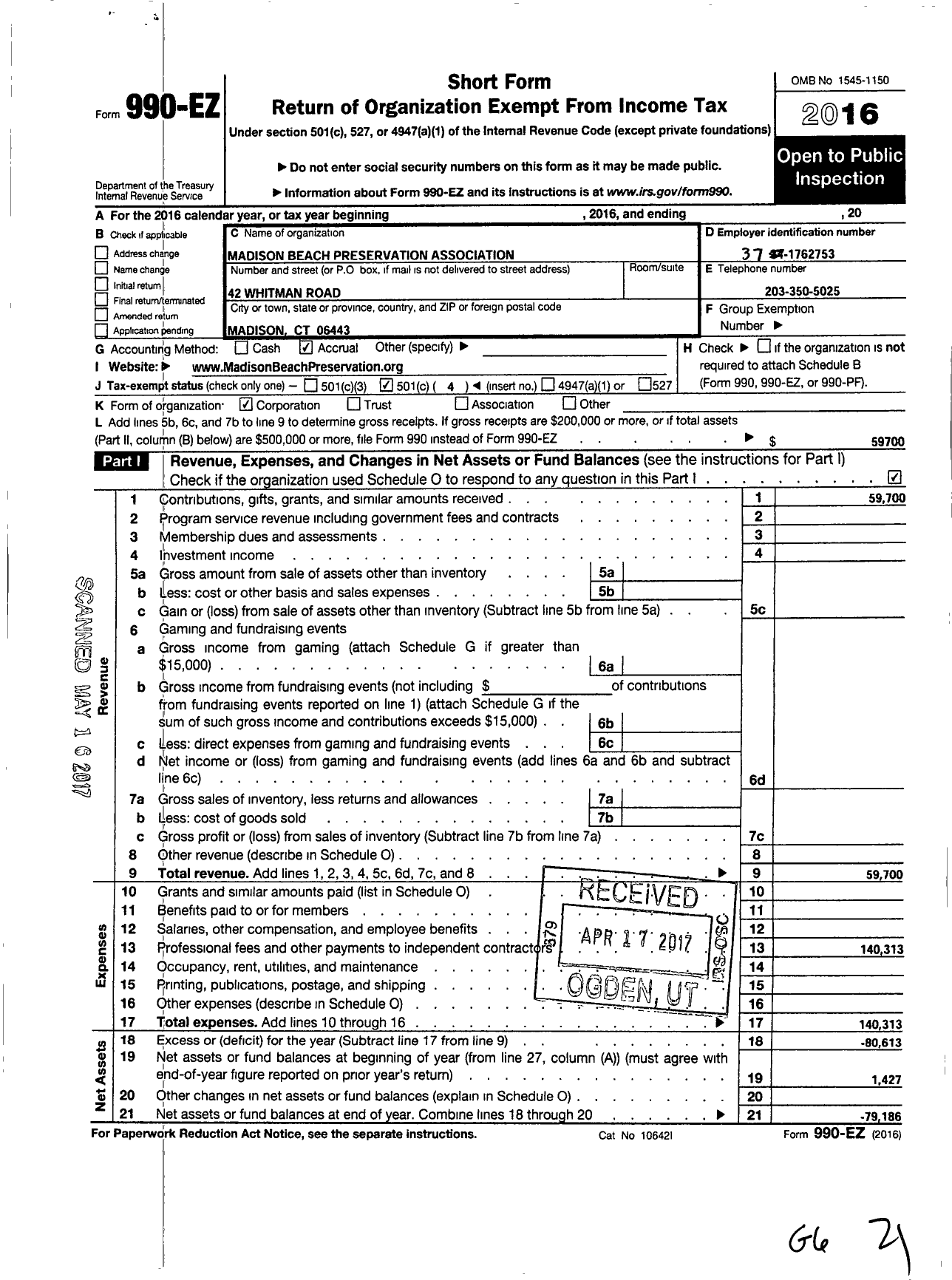 Image of first page of 2016 Form 990EO for Madison Beach Preservation Association