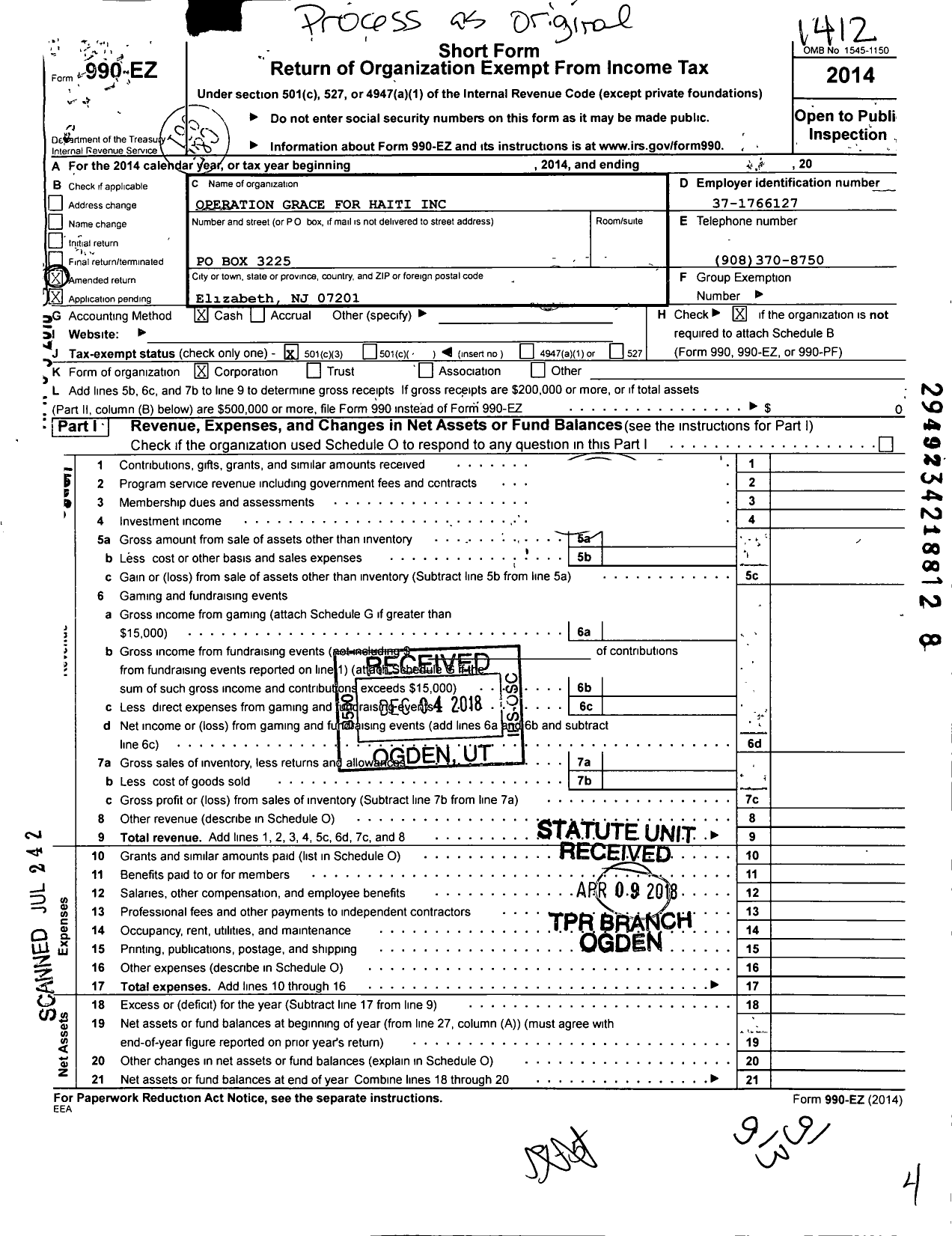 Image of first page of 2014 Form 990EZ for Operations Grace for Haiti