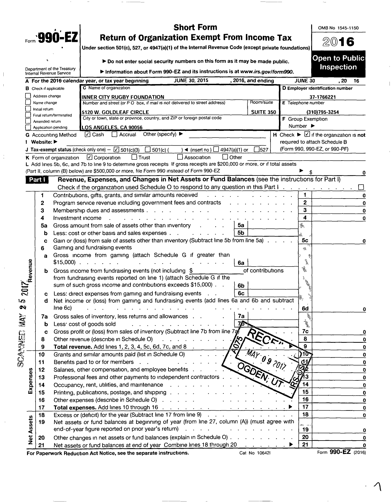 Image of first page of 2015 Form 990EZ for Inner City Rugby Foundation