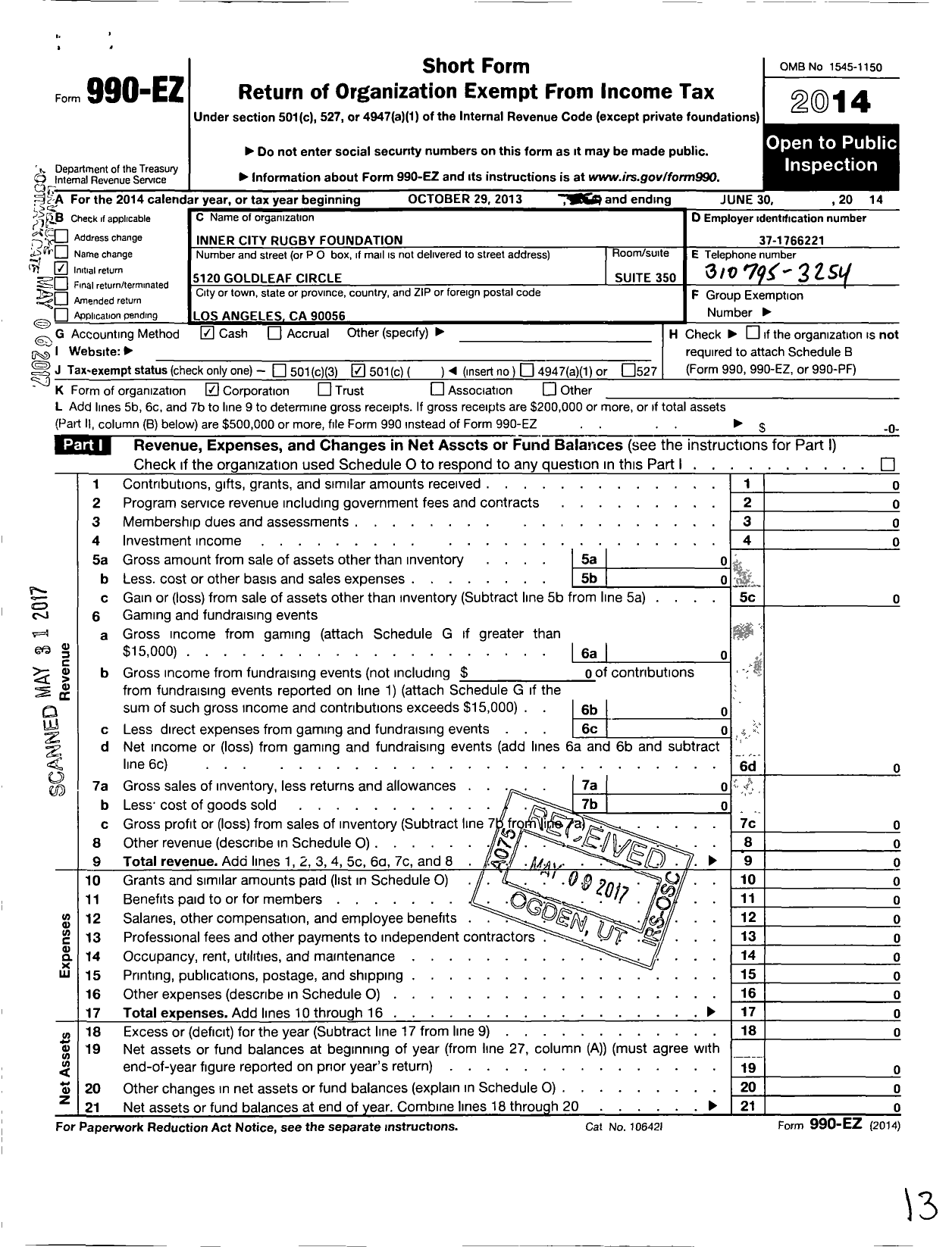 Image of first page of 2013 Form 990EO for Inner City Rugby Foundation