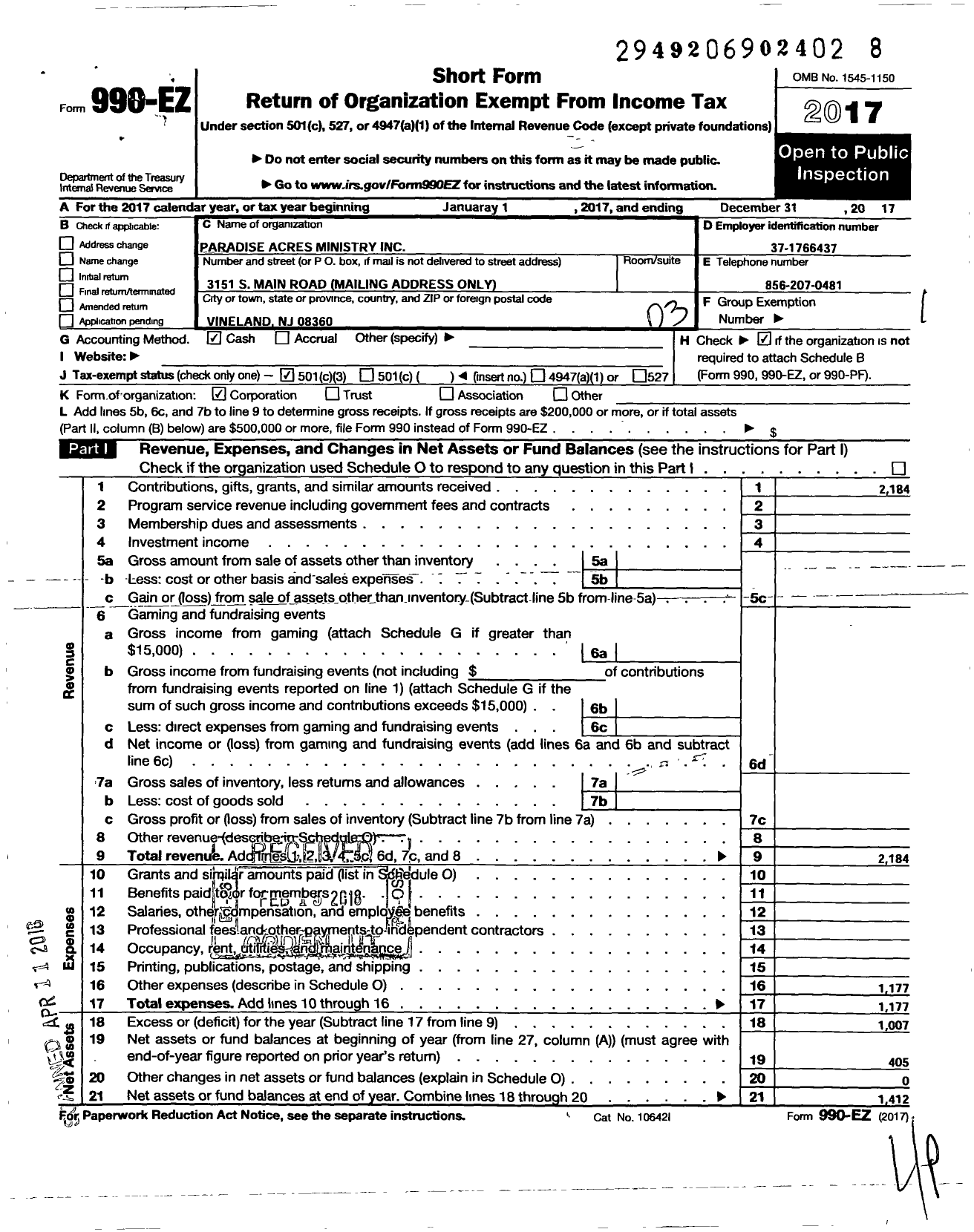 Image of first page of 2017 Form 990EZ for Paradise Acres Ministry