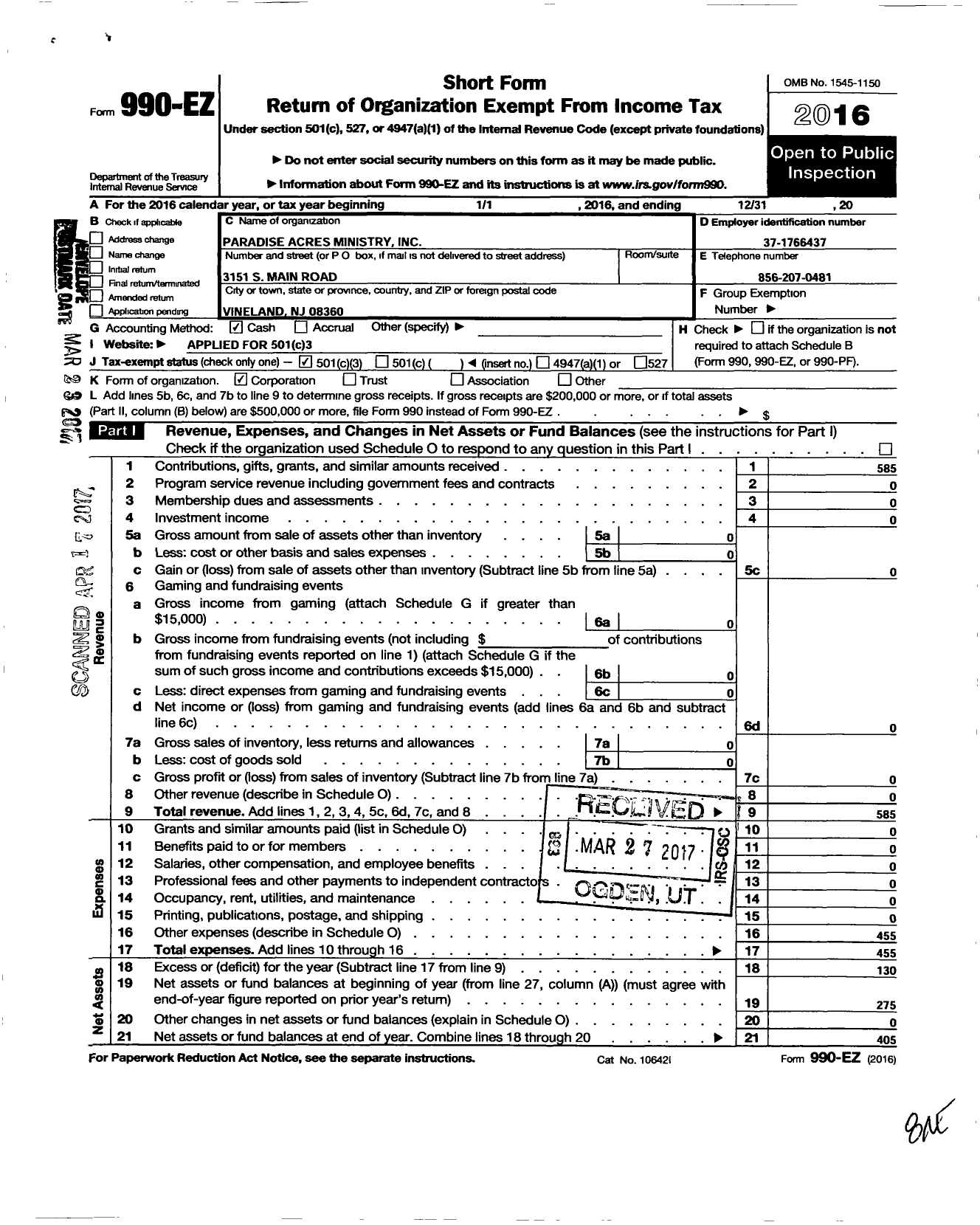 Image of first page of 2016 Form 990EZ for Paradise Acres Ministry