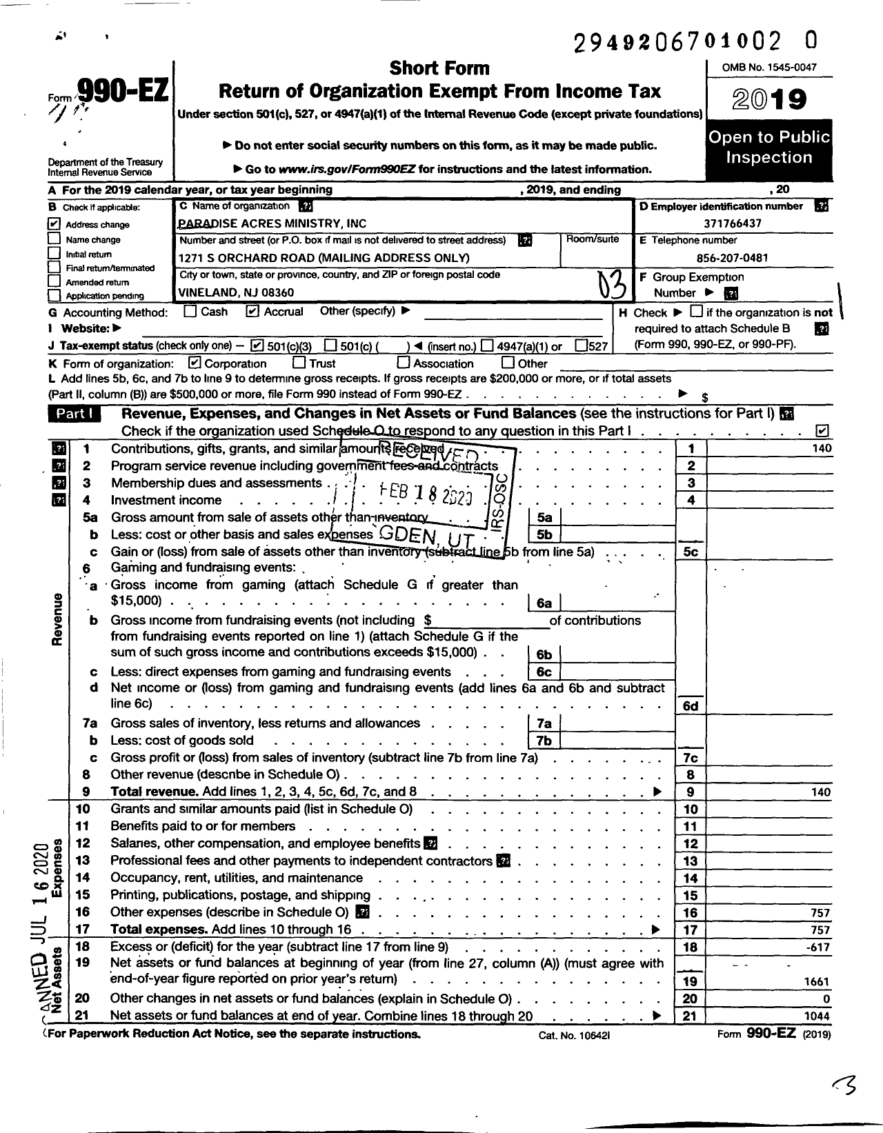 Image of first page of 2019 Form 990EZ for Paradise Acres Ministry