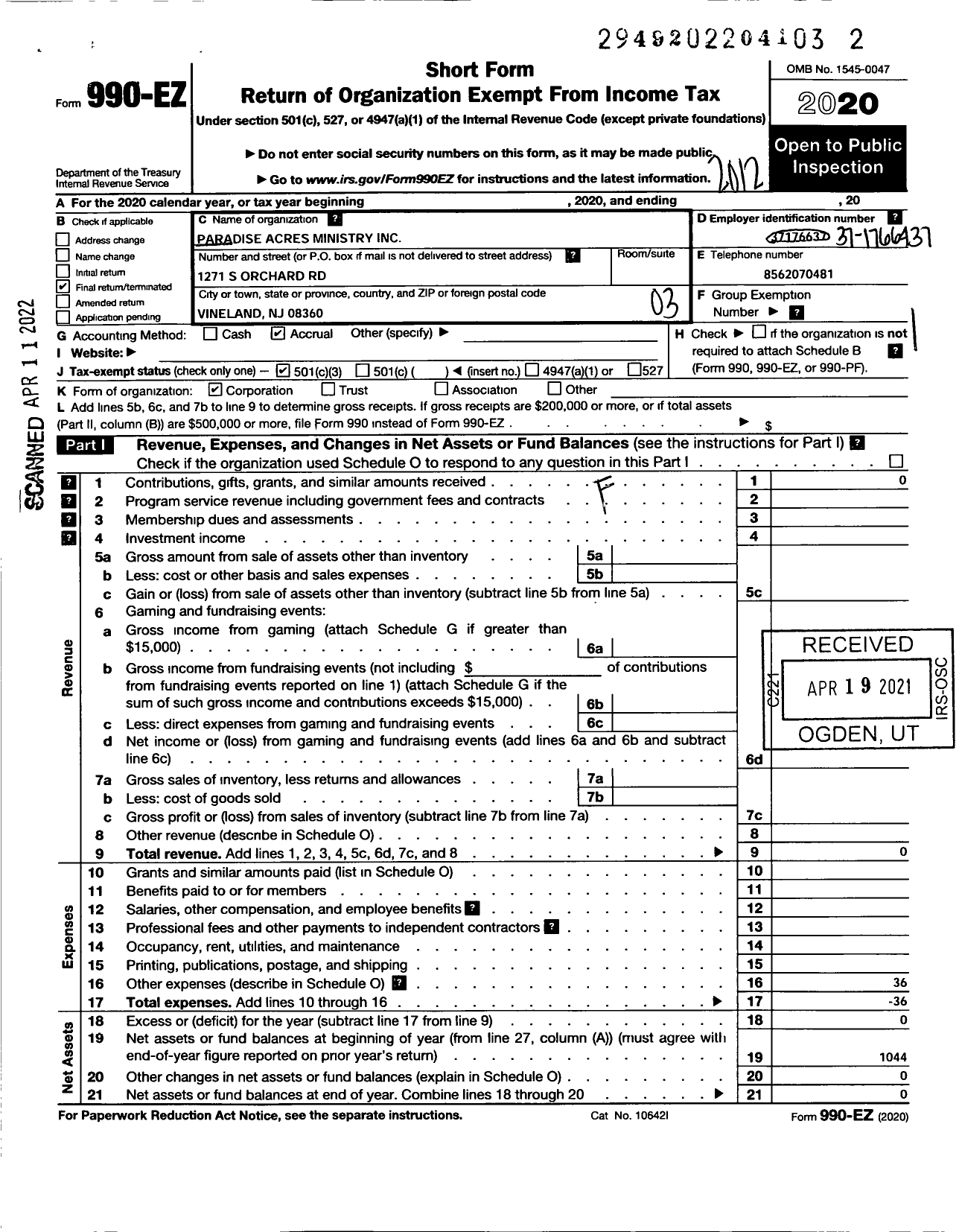 Image of first page of 2020 Form 990EZ for Paradise Acres Ministry