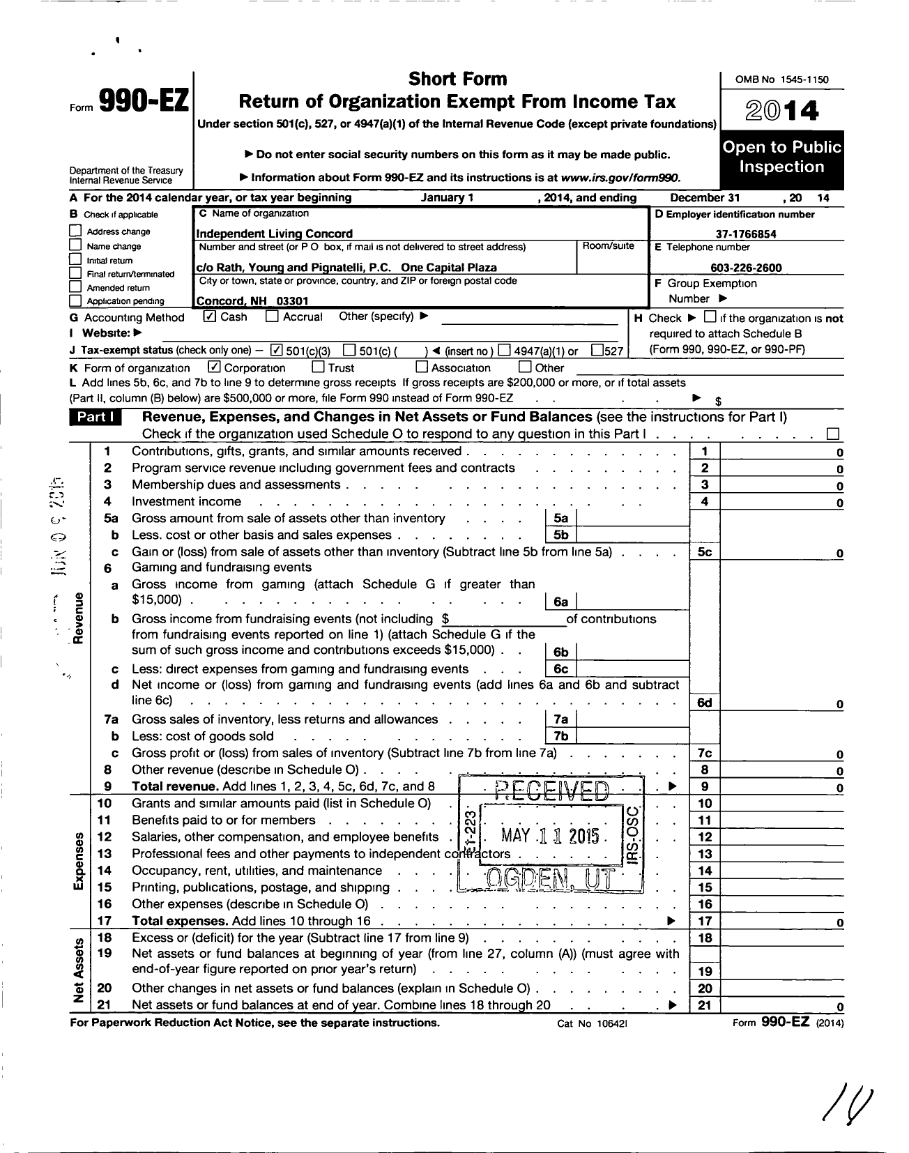 Image of first page of 2014 Form 990EZ for Independent Living Concord