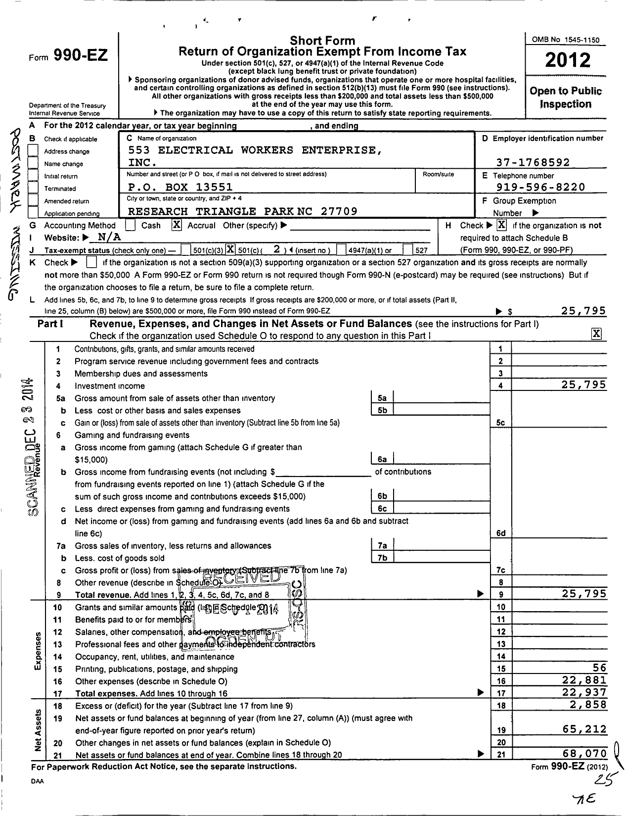 Image of first page of 2012 Form 990EO for 553 Electrical Workers Enterprise