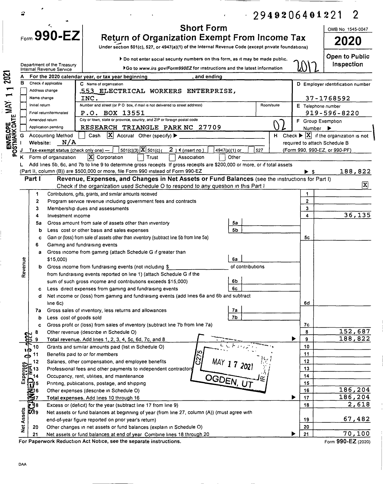 Image of first page of 2020 Form 990EO for 553 Electrical Workers Enterprise