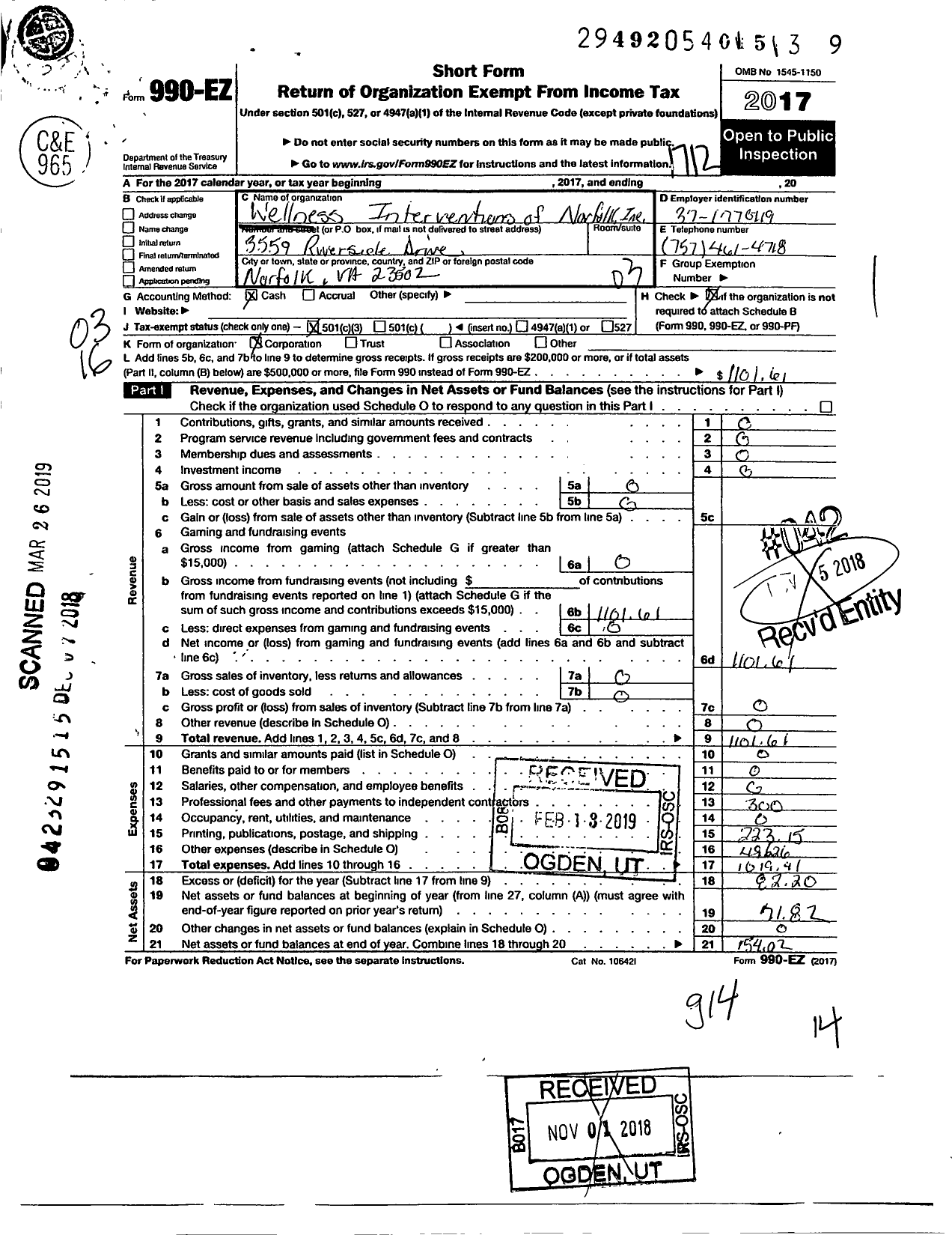 Image of first page of 2017 Form 990EZ for Wellness Interventions of Norfolk