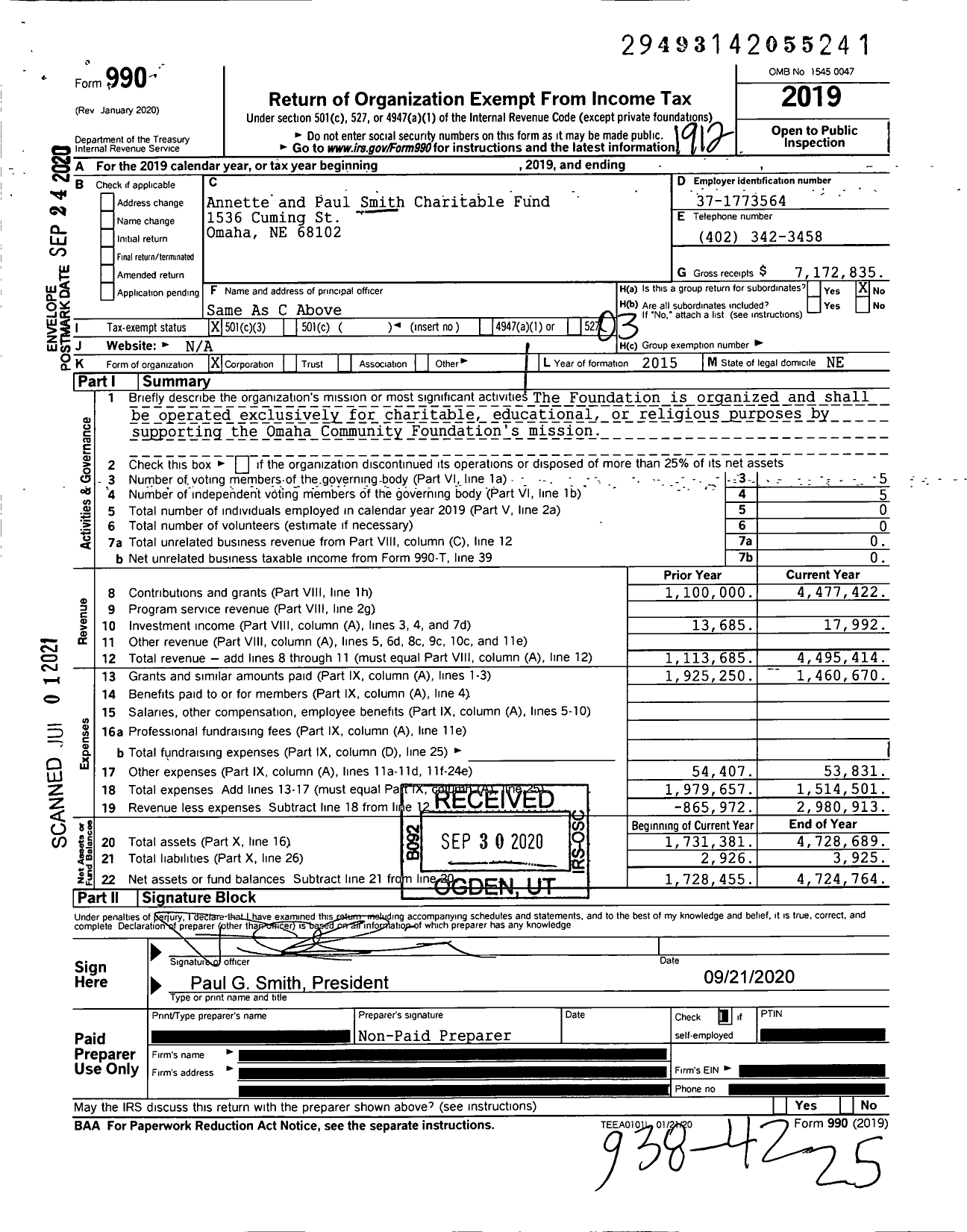 Image of first page of 2019 Form 990 for Annette and Paul Smith Charitable Fund