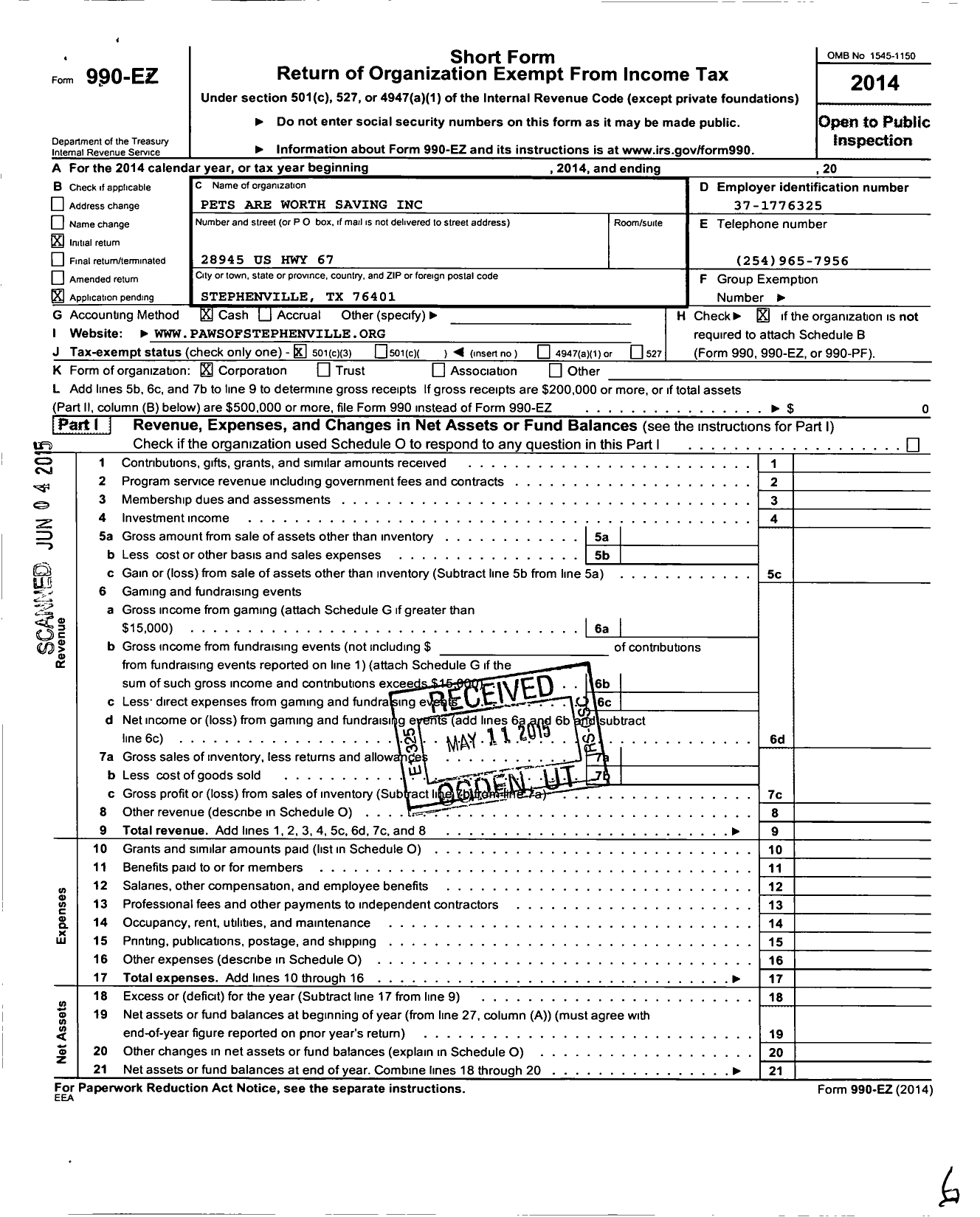 Image of first page of 2014 Form 990EZ for Pets Are Worth Saving