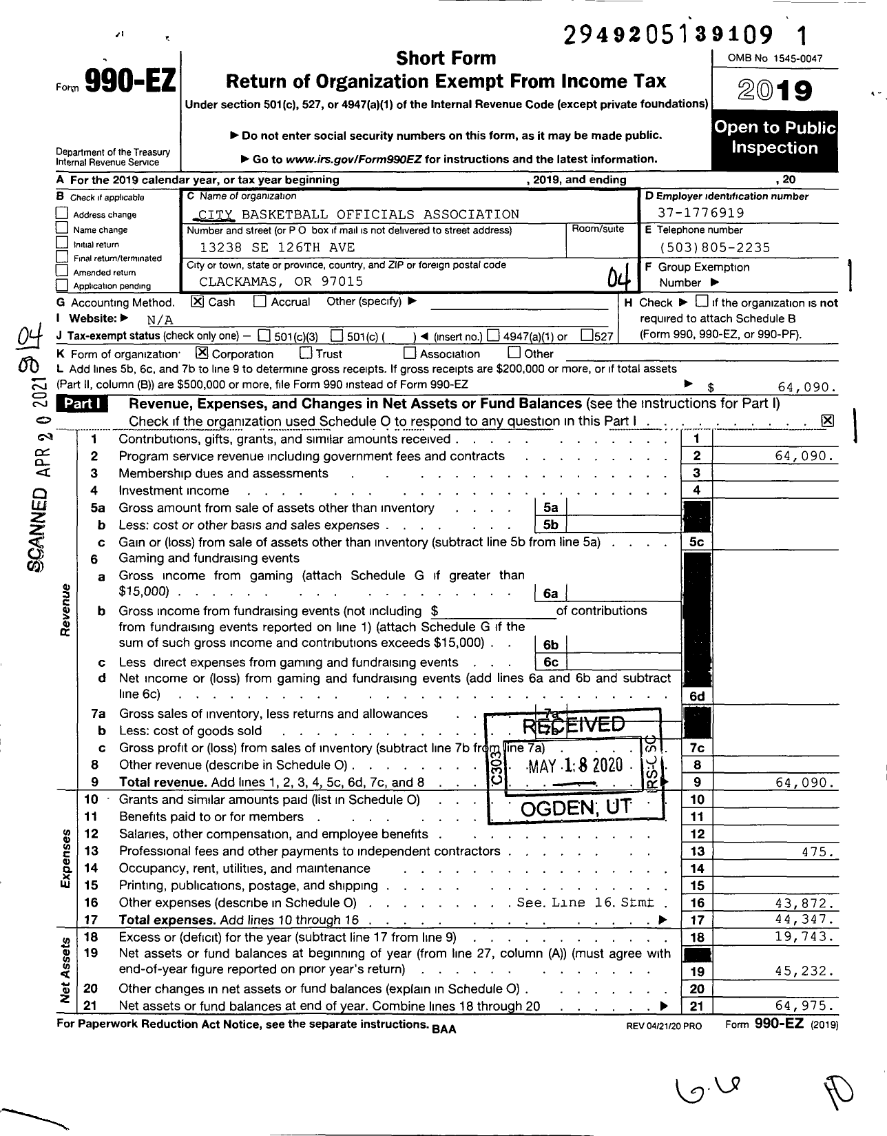 Image of first page of 2019 Form 990EO for City Basketball Officials Association