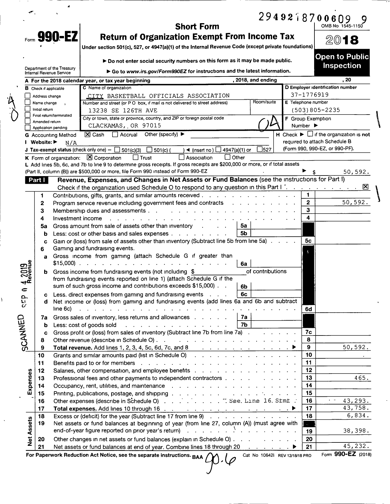 Image of first page of 2018 Form 990EO for City Basketball Officials Association