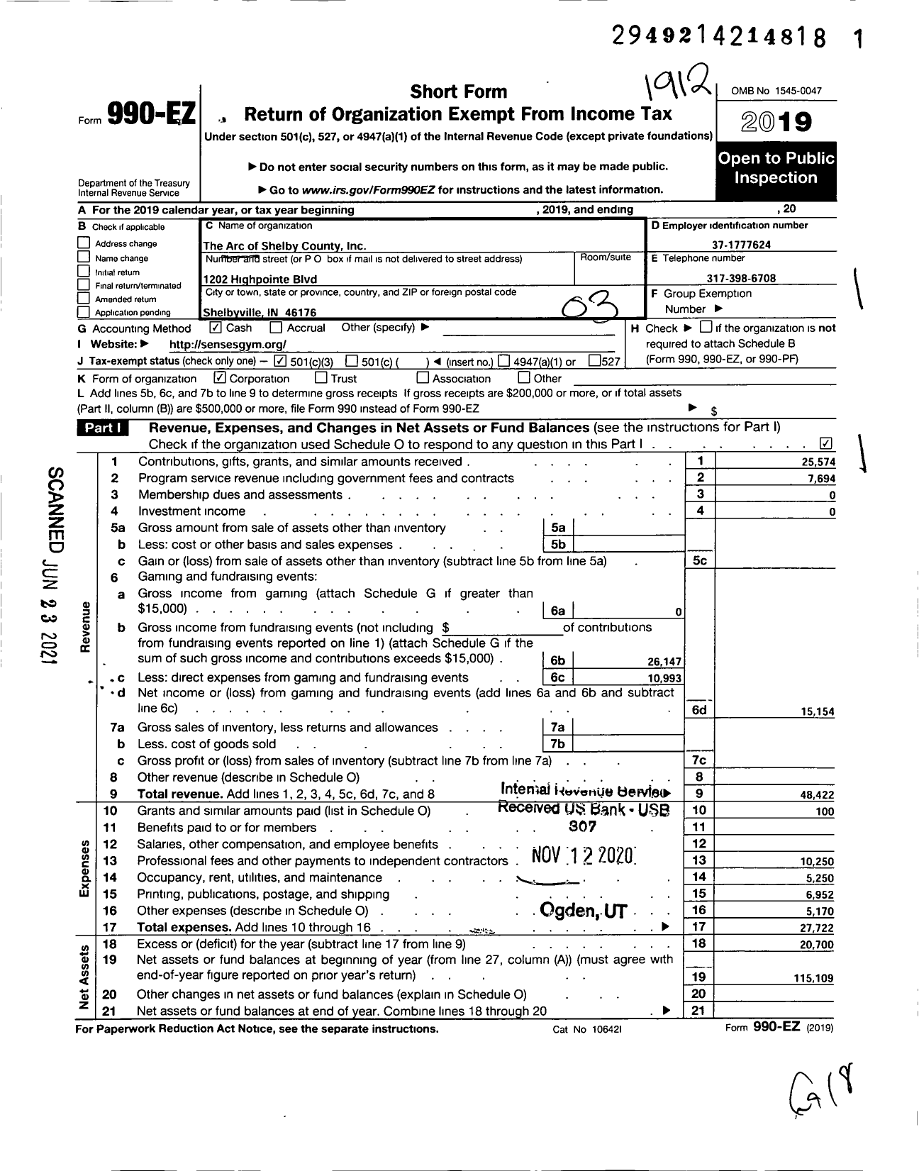 Image of first page of 2019 Form 990EZ for Arc of Shelby County