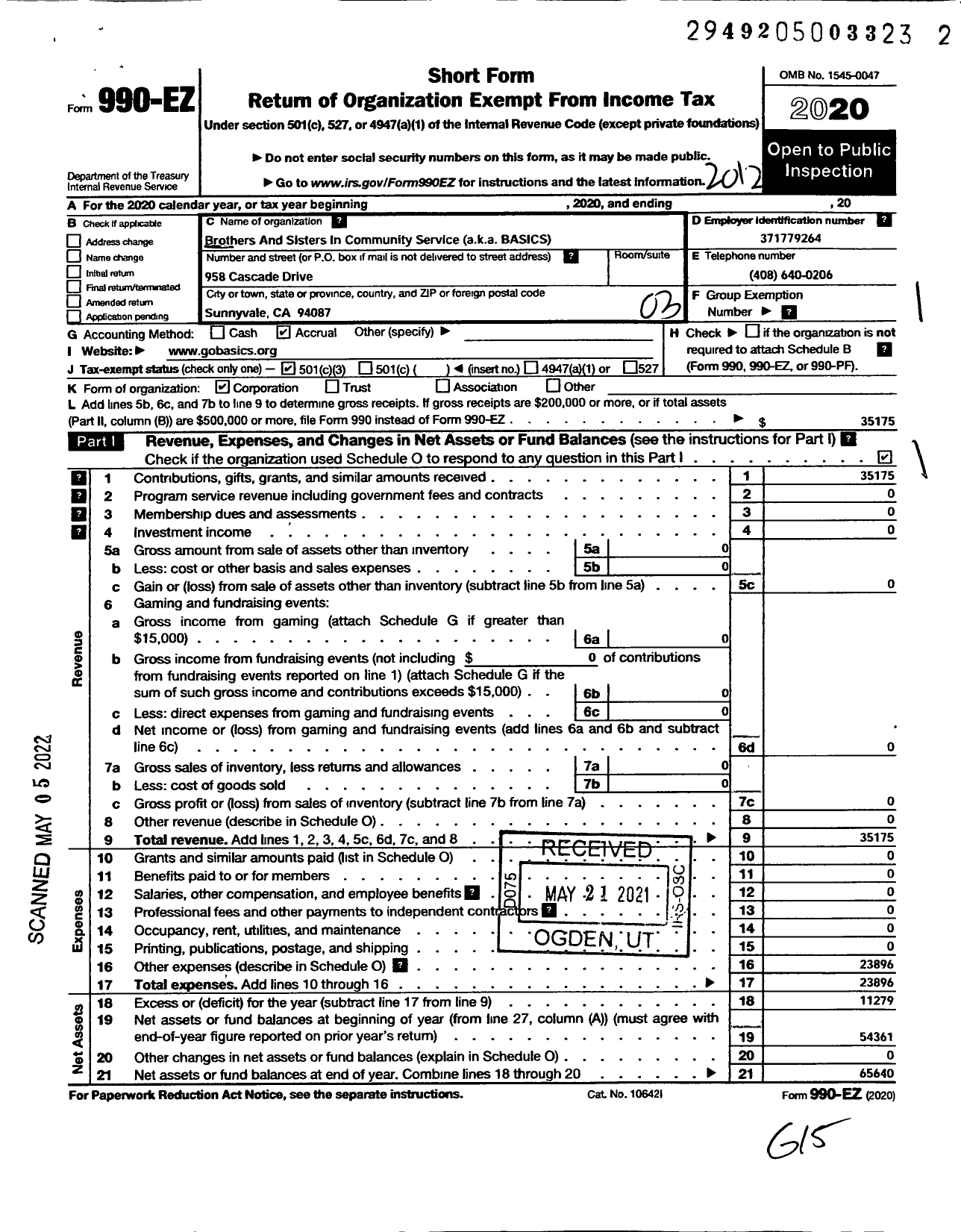 Image of first page of 2020 Form 990EZ for Brothers and Sisters in Community Service (BASICS)