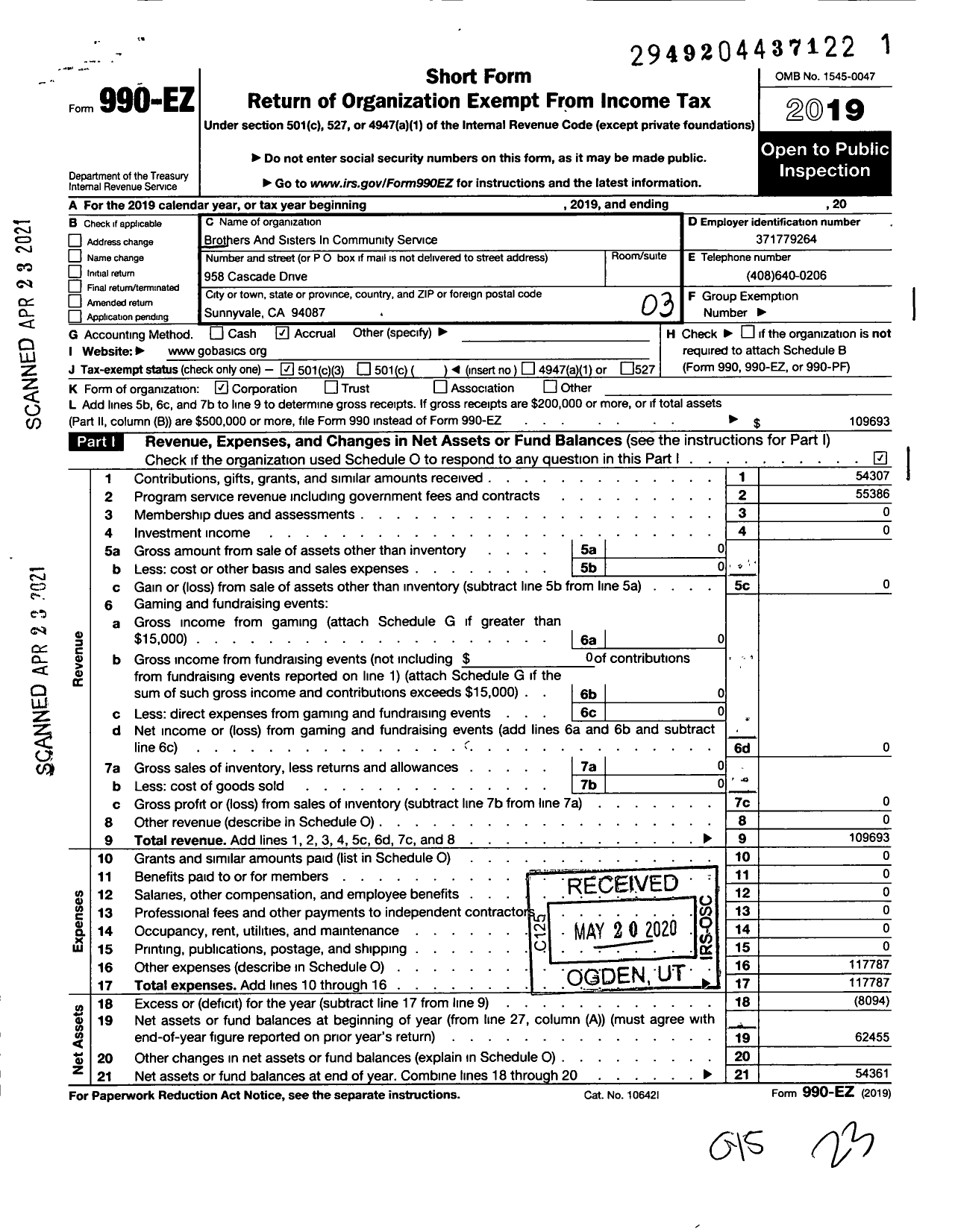 Image of first page of 2019 Form 990EZ for Brothers and Sisters in Community Service (BASICS)