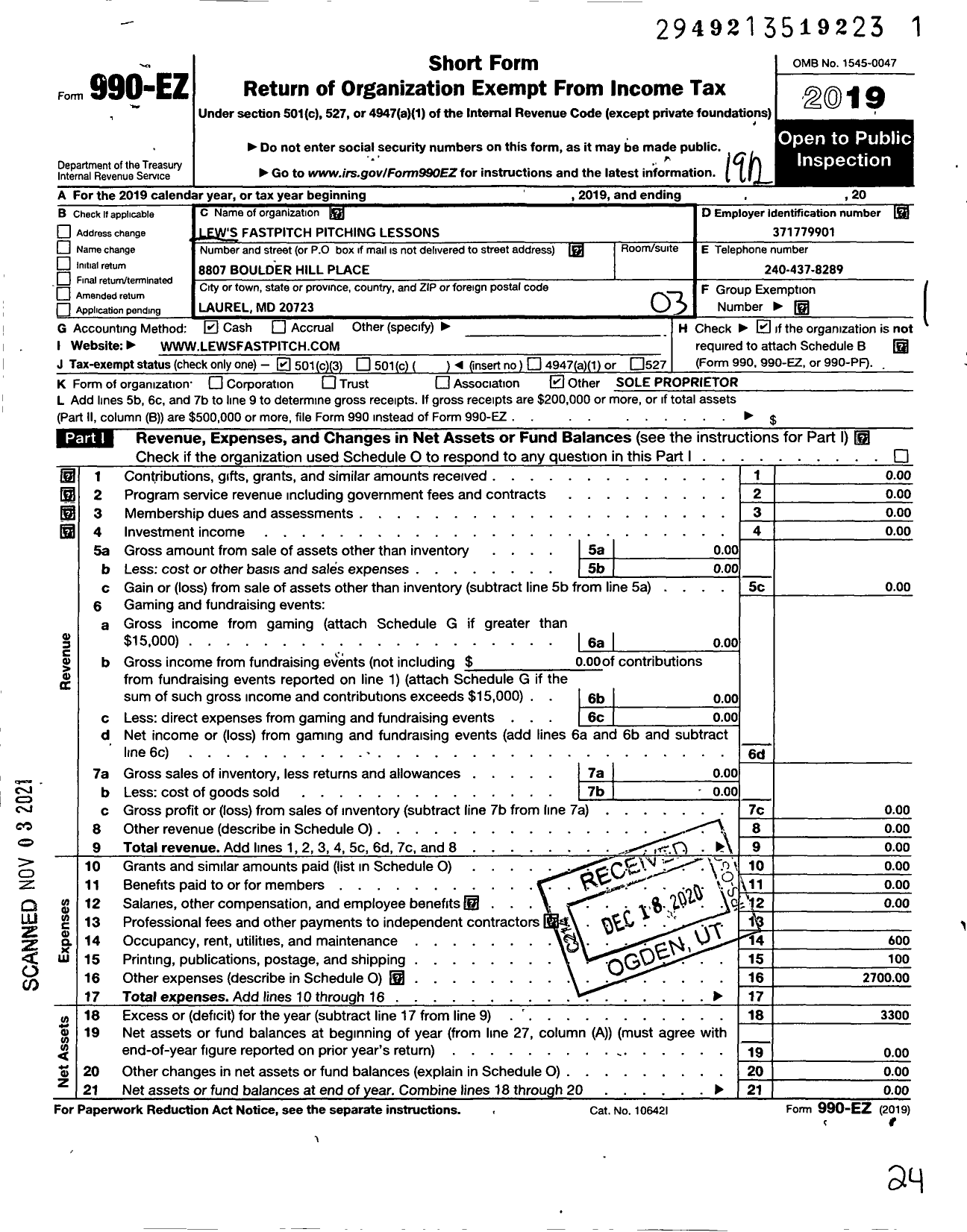 Image of first page of 2019 Form 990EZ for Lews Fastpitch Pitching Lessons