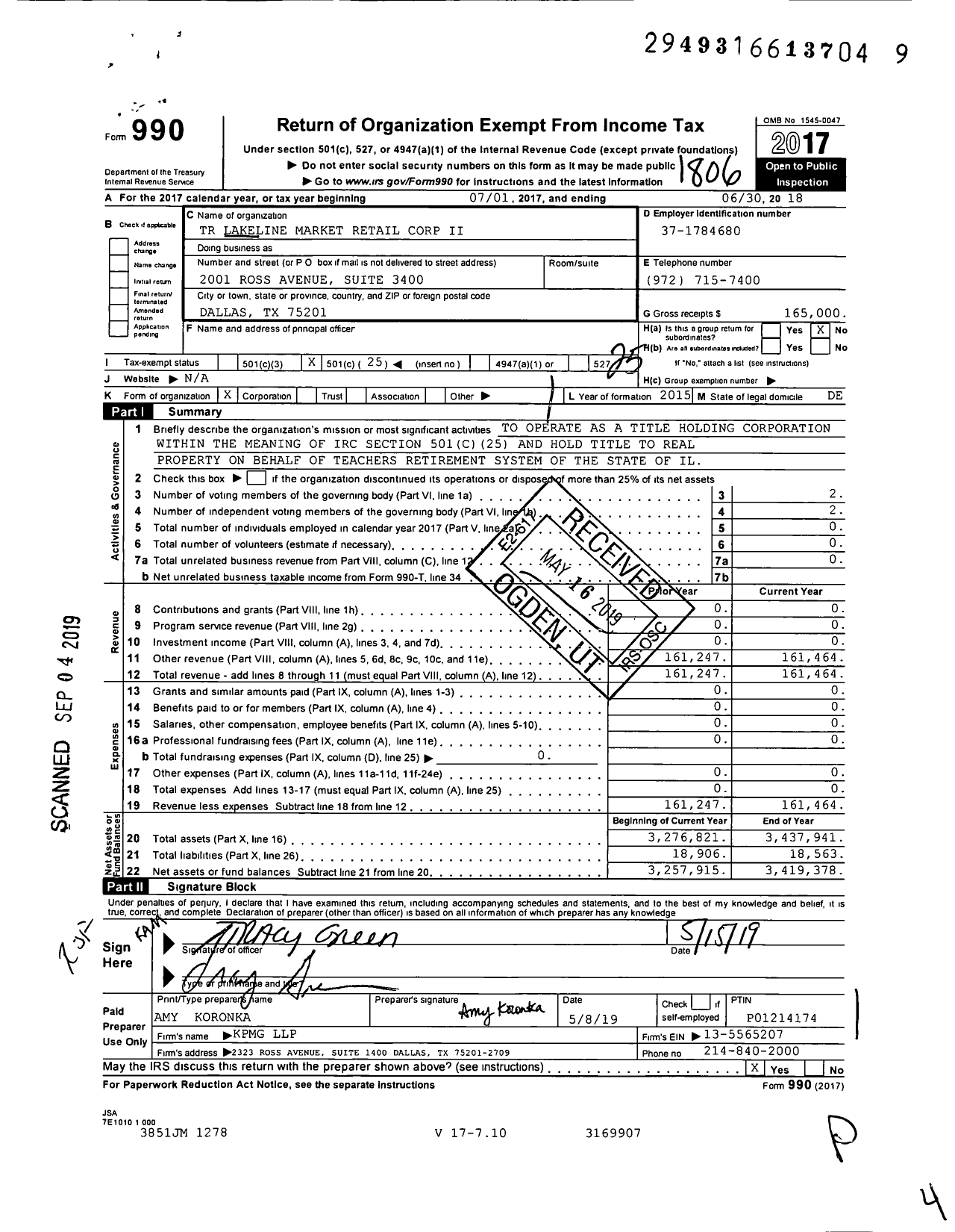 Image of first page of 2017 Form 990O for TR Lakeline Market Retail Corp II