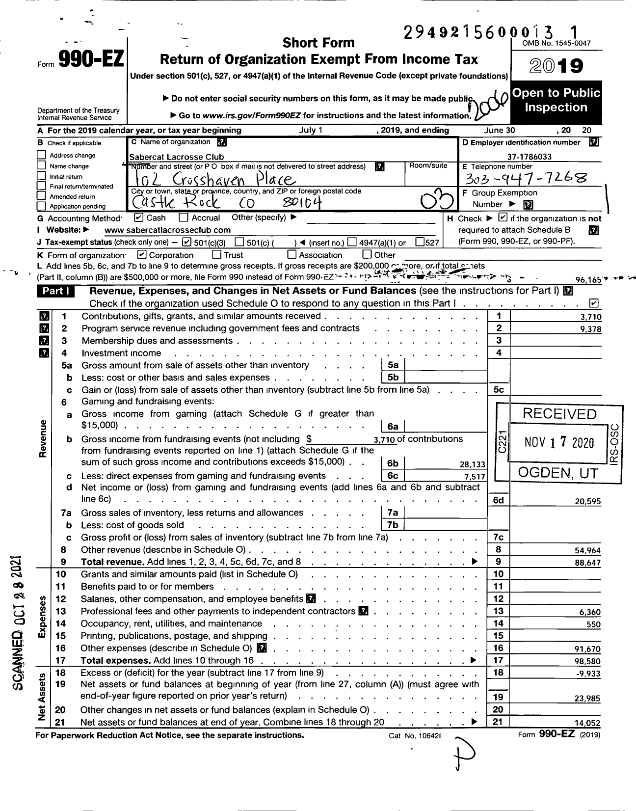 Image of first page of 2019 Form 990EZ for Sabercat Lacrosse Club