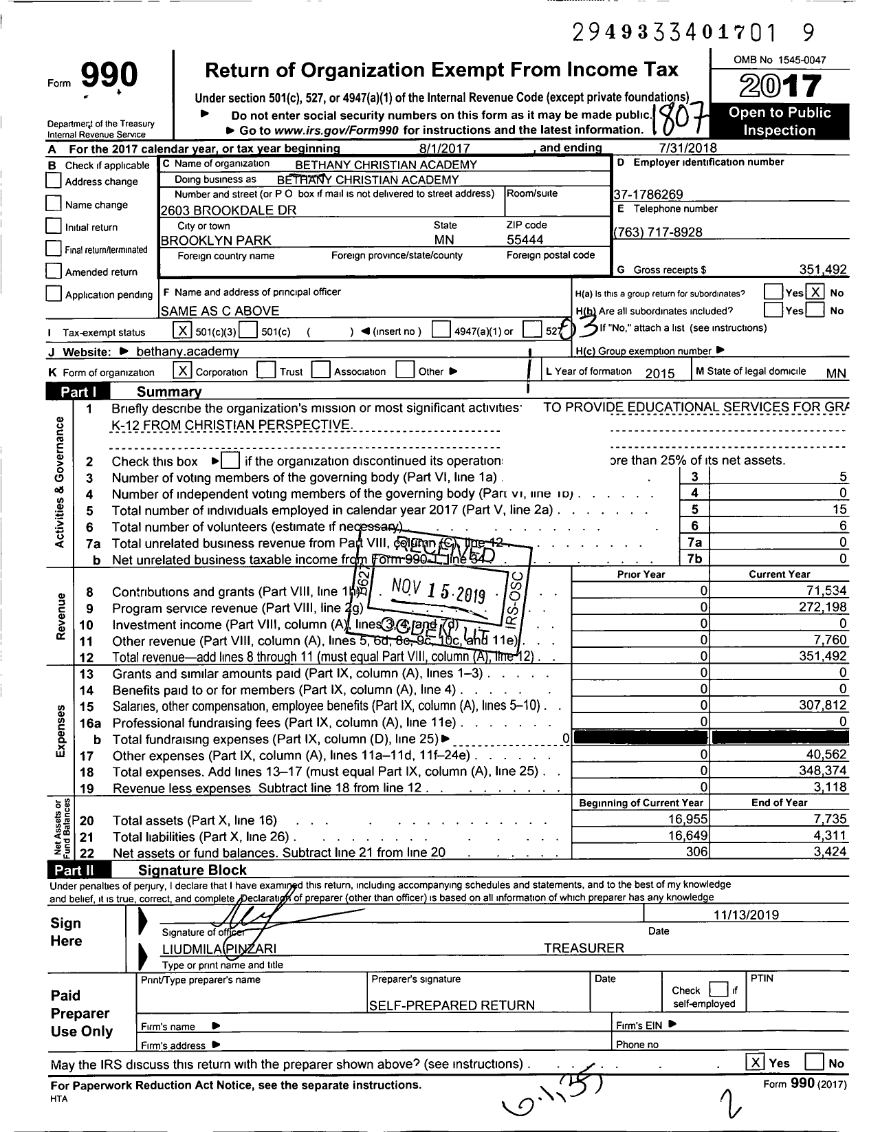 Image of first page of 2017 Form 990 for Bethany Christian Academy