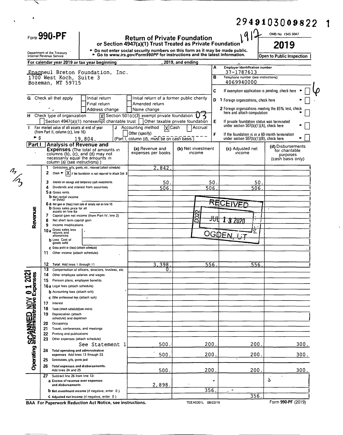 Image of first page of 2019 Form 990PF for Epagneul Breton Foundation