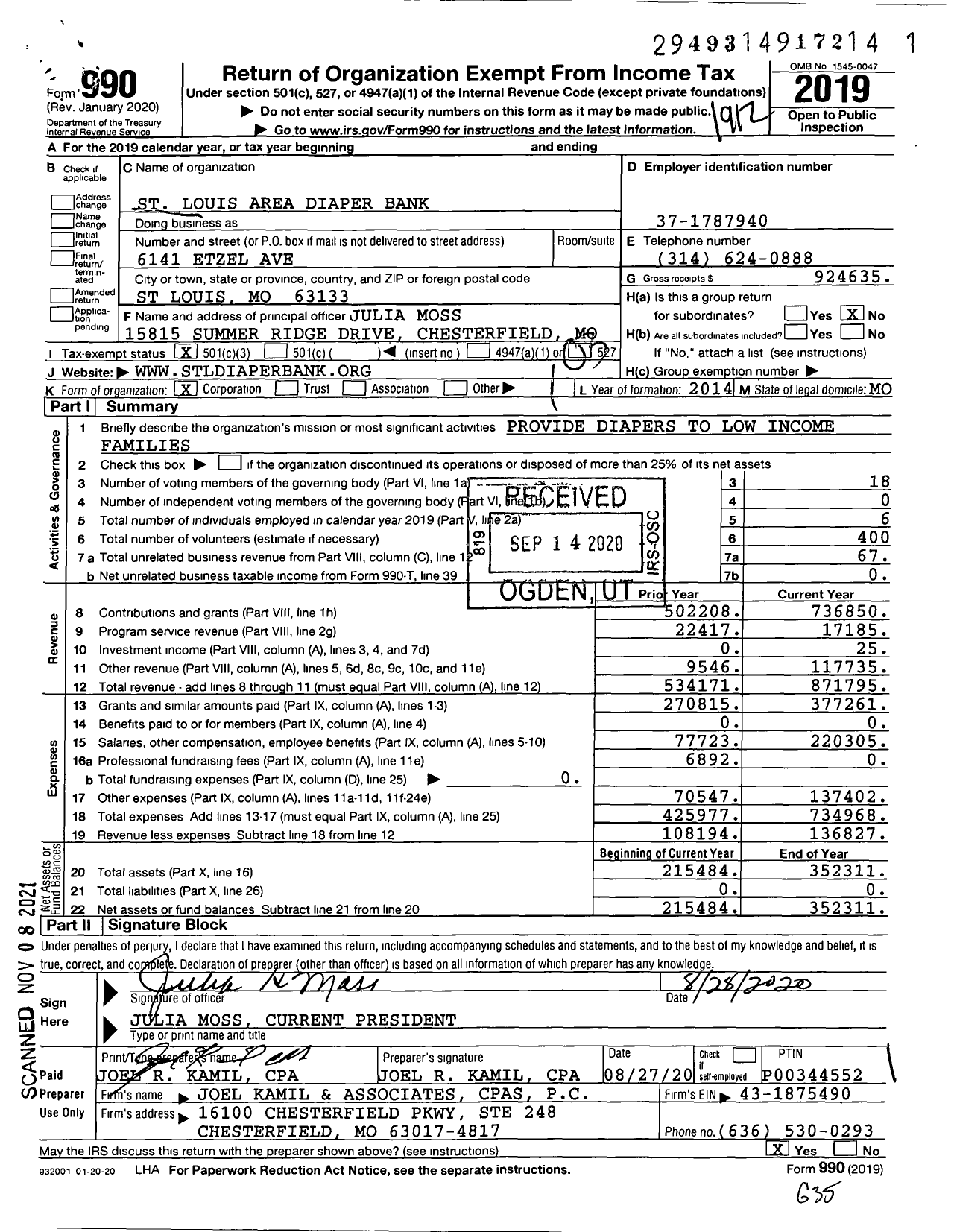 Image of first page of 2019 Form 990 for St Louis Area Diaper Bank